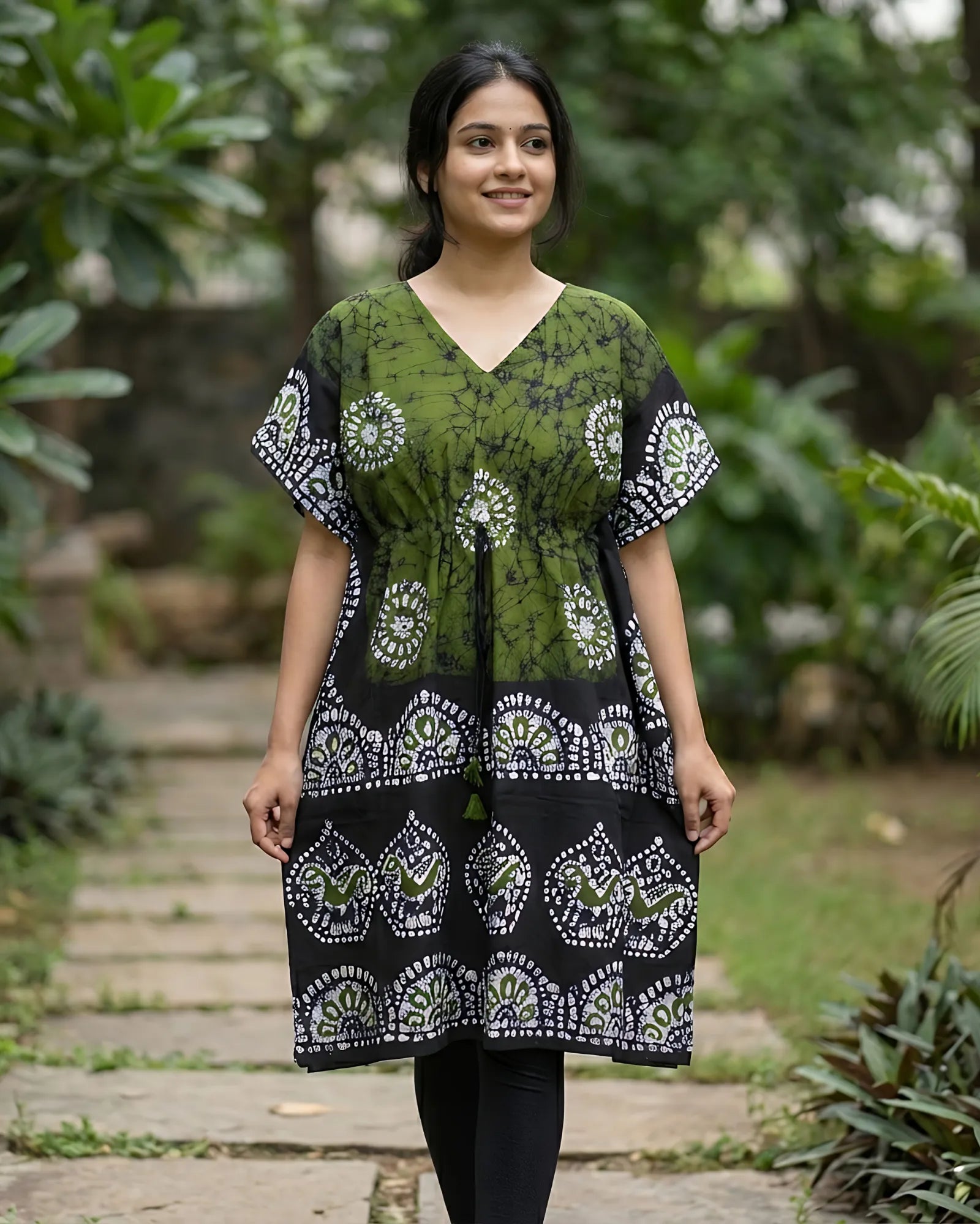 Olive Green Colour Handwoven Batik Print Khadi Kaftan Kurta