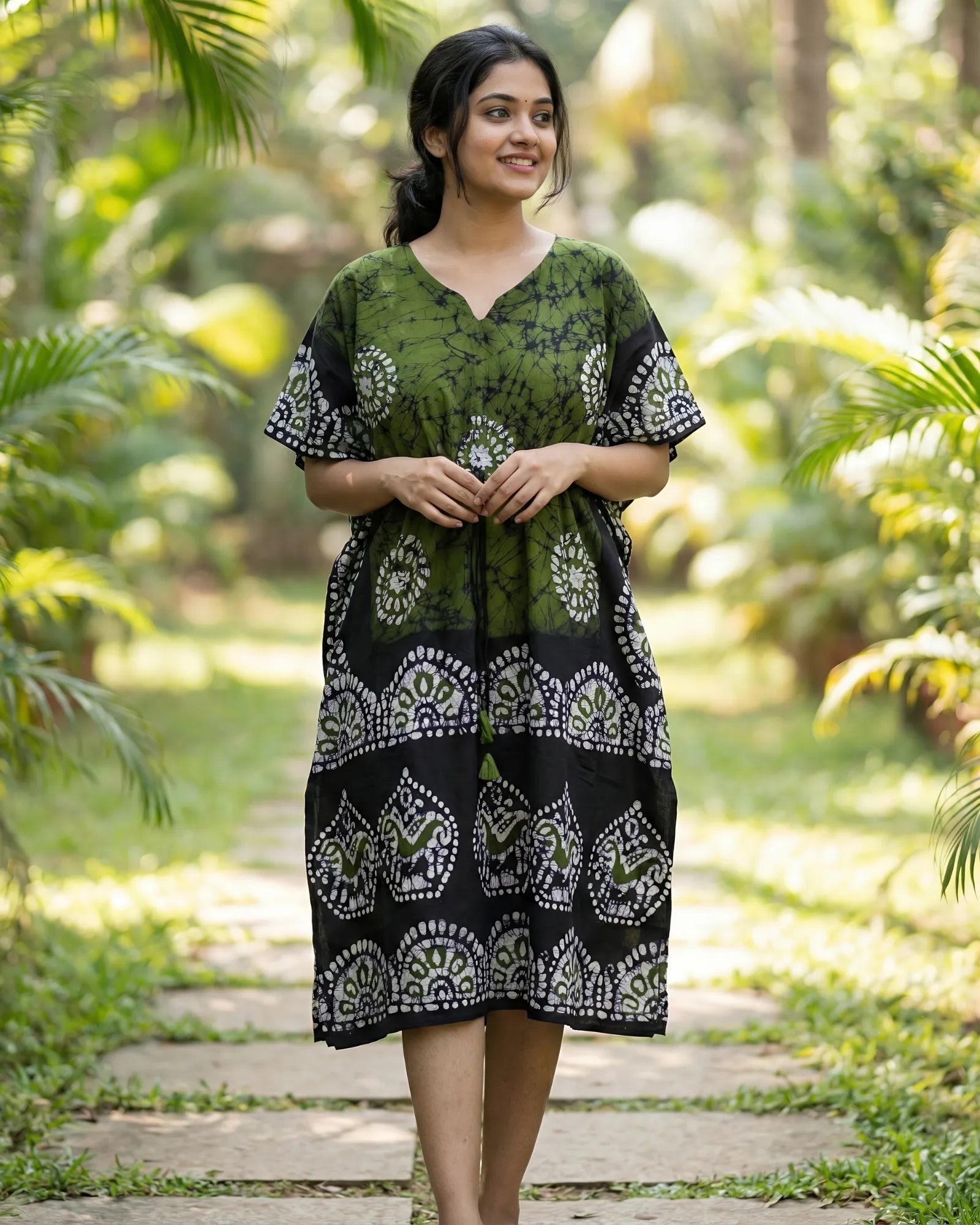 Olive Green Colour Handwoven Batik Print Khadi Kaftan Kurta