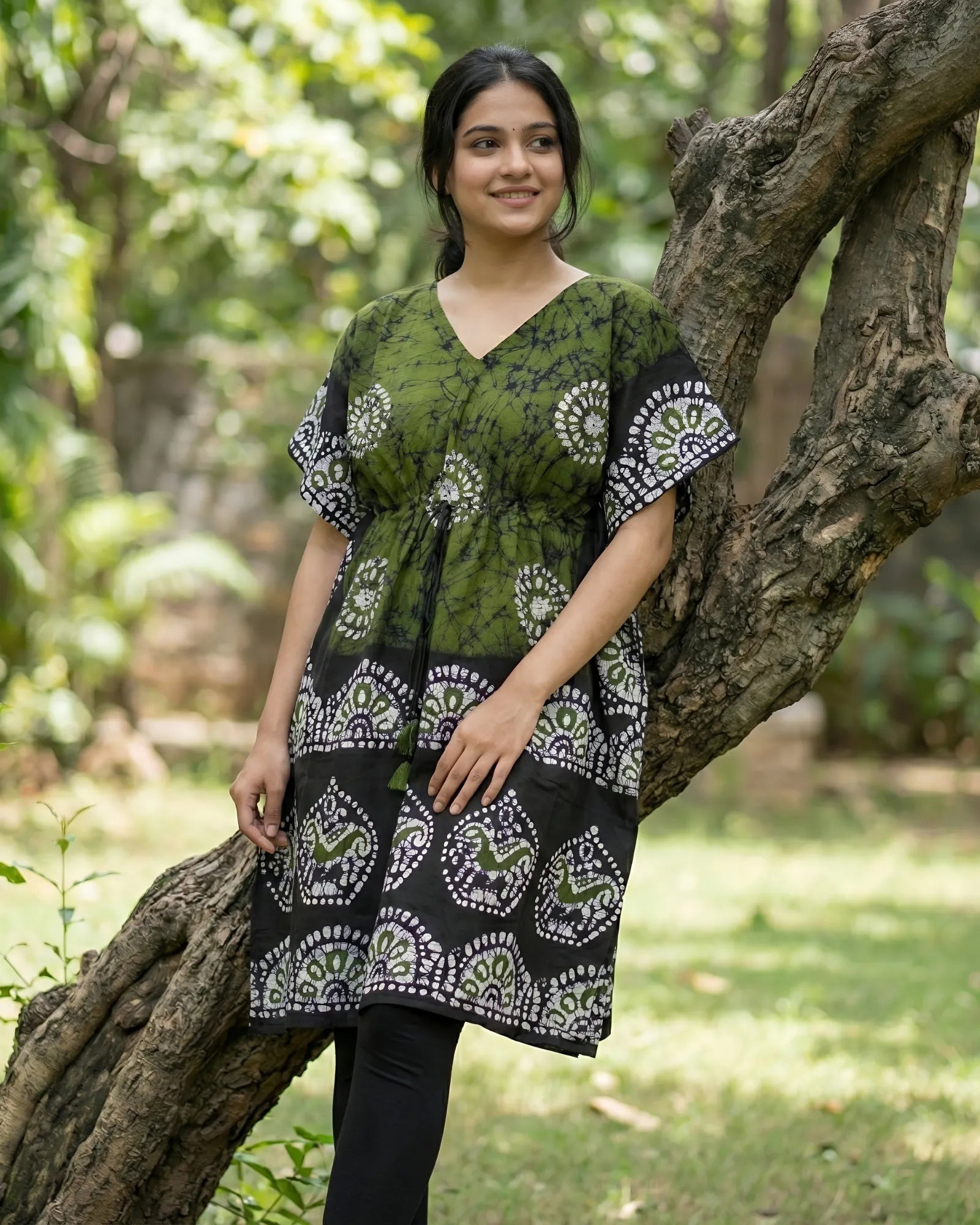 Olive Green Colour Handwoven Batik Print Khadi Kaftan Kurta