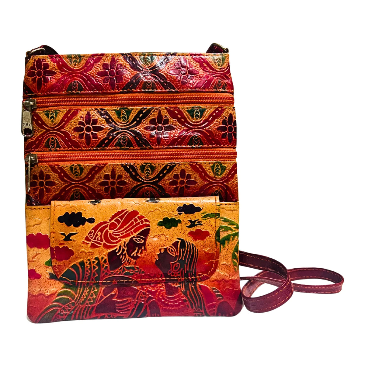 Leather Sling Bag | Couple Design - Beige & Brick Red (Adjustable Strap)