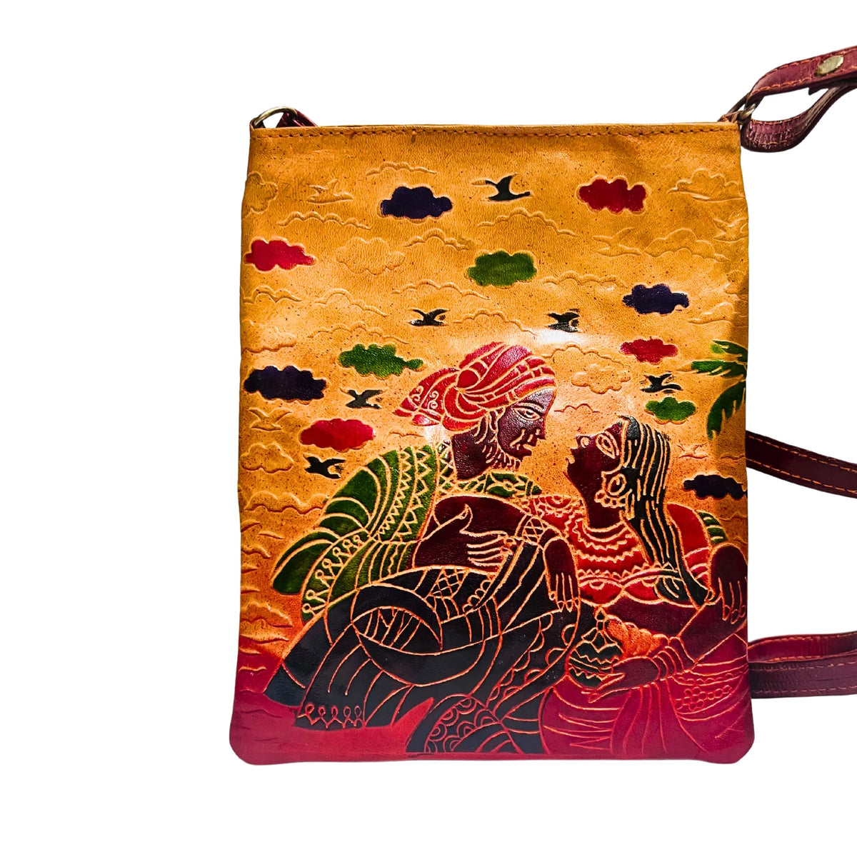 Leather Sling Bag | Couple Design - Beige & Brick Red (Adjustable Strap)
