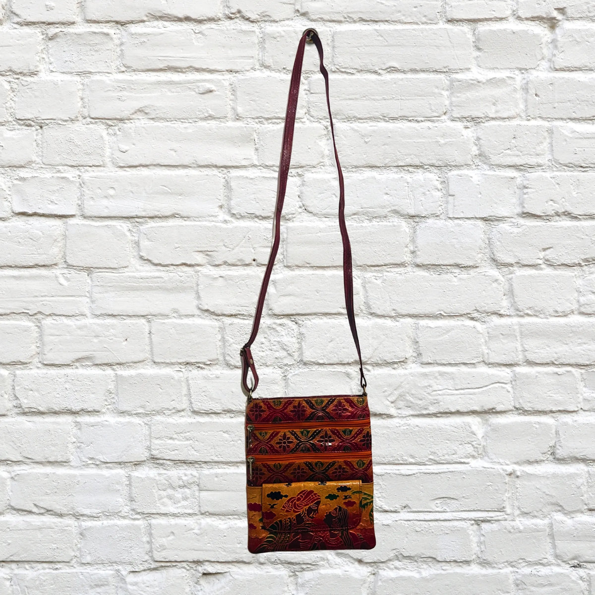 Leather Sling Bag | Couple Design - Beige & Brick Red (Adjustable Strap)