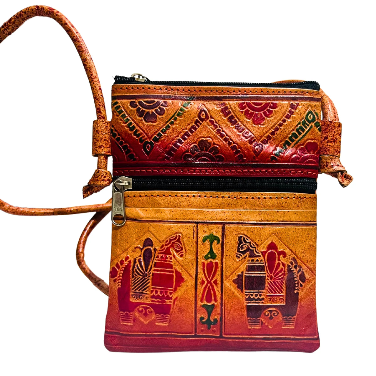 Leather Sling Bag | Tribal Toys Design - Beige & Brick Red (Adjustable Strap)
