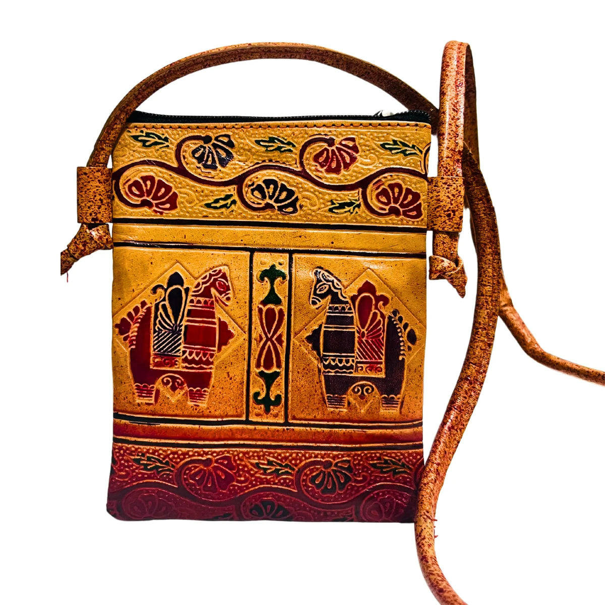 Leather Sling Bag | Tribal Toys Design - Beige & Brick Red (Adjustable Strap)