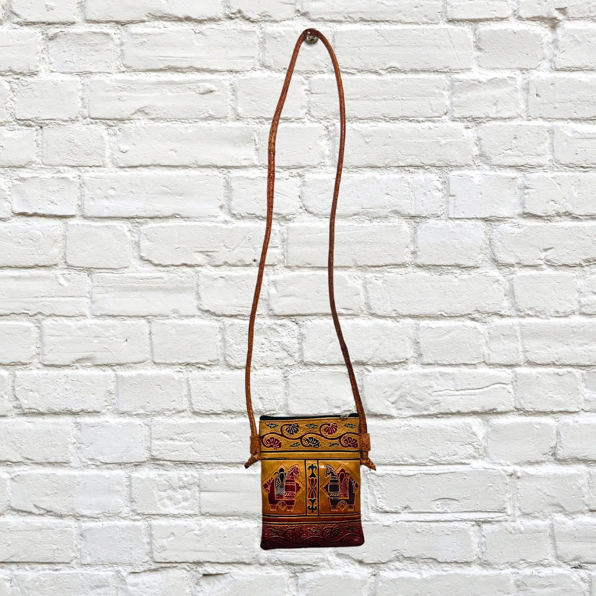 Leather Sling Bag | Tribal Toys Design - Beige & Brick Red (Adjustable Strap)