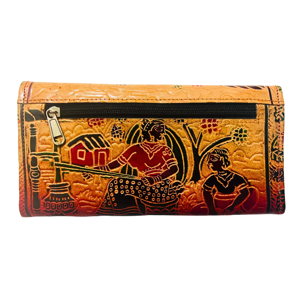 Leather Hand Purse | Village Design 5 - Beige & Brick Red