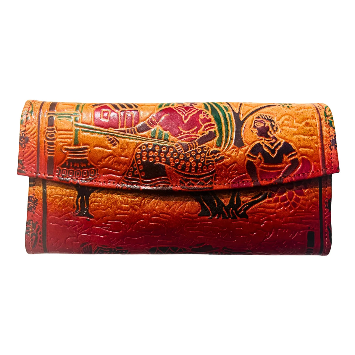 Leather Hand Purse | Village Design 5 - Beige & Brick Red