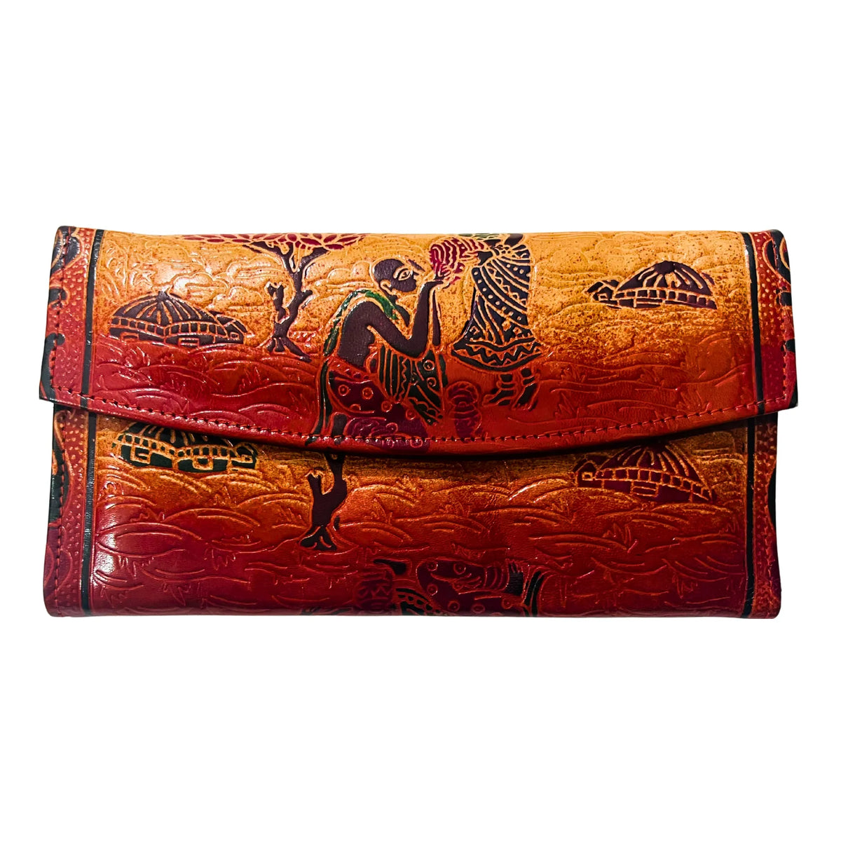 Leather Hand Purse | Village Design 6 - Beige & Brick Red