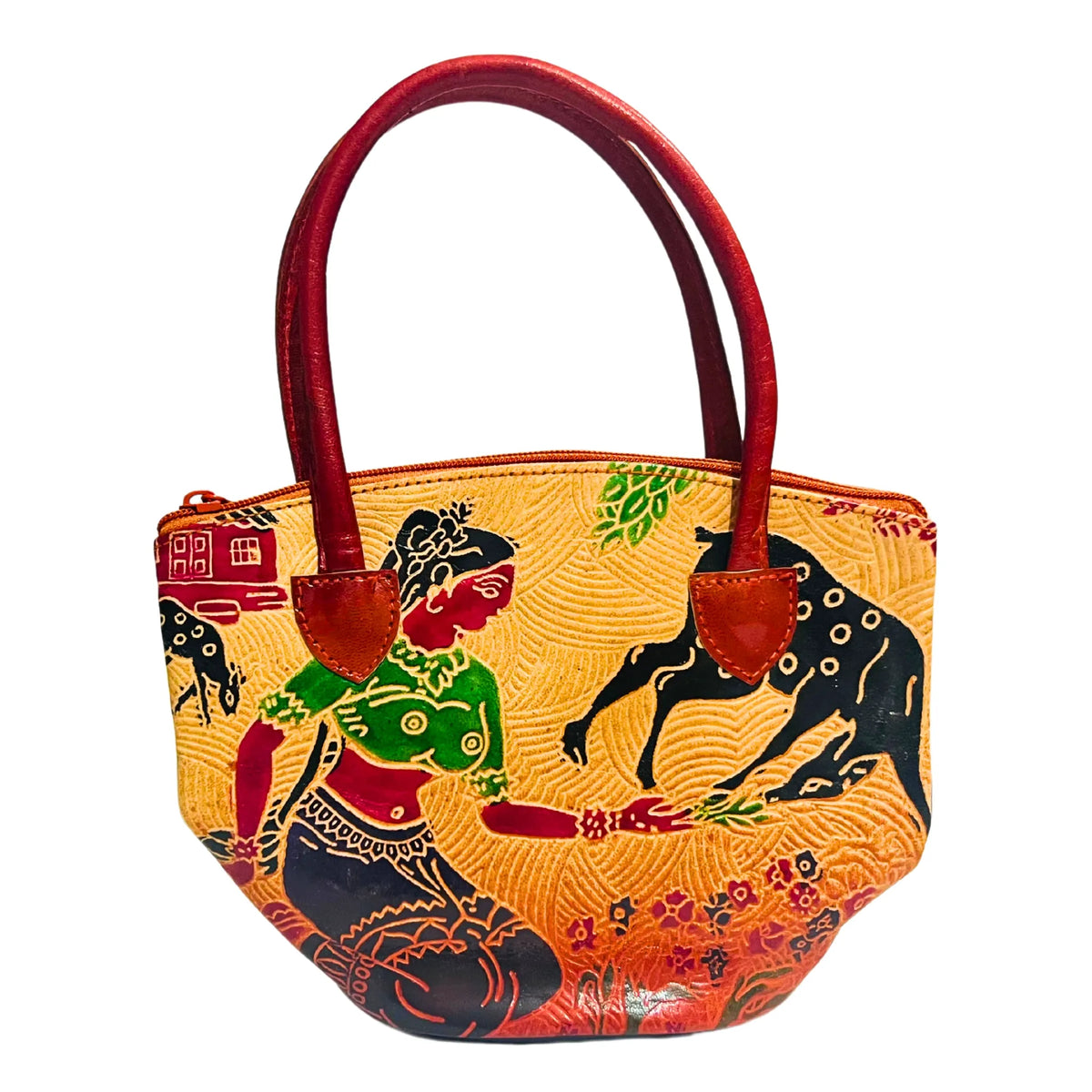 Leather Hand Bag | Village Design 1 - Beige & Brick Red (Fixed Strap)