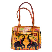 Leather Hand Bag | Village Design 3 - Beige & Brick Red (Fixed Strap)
