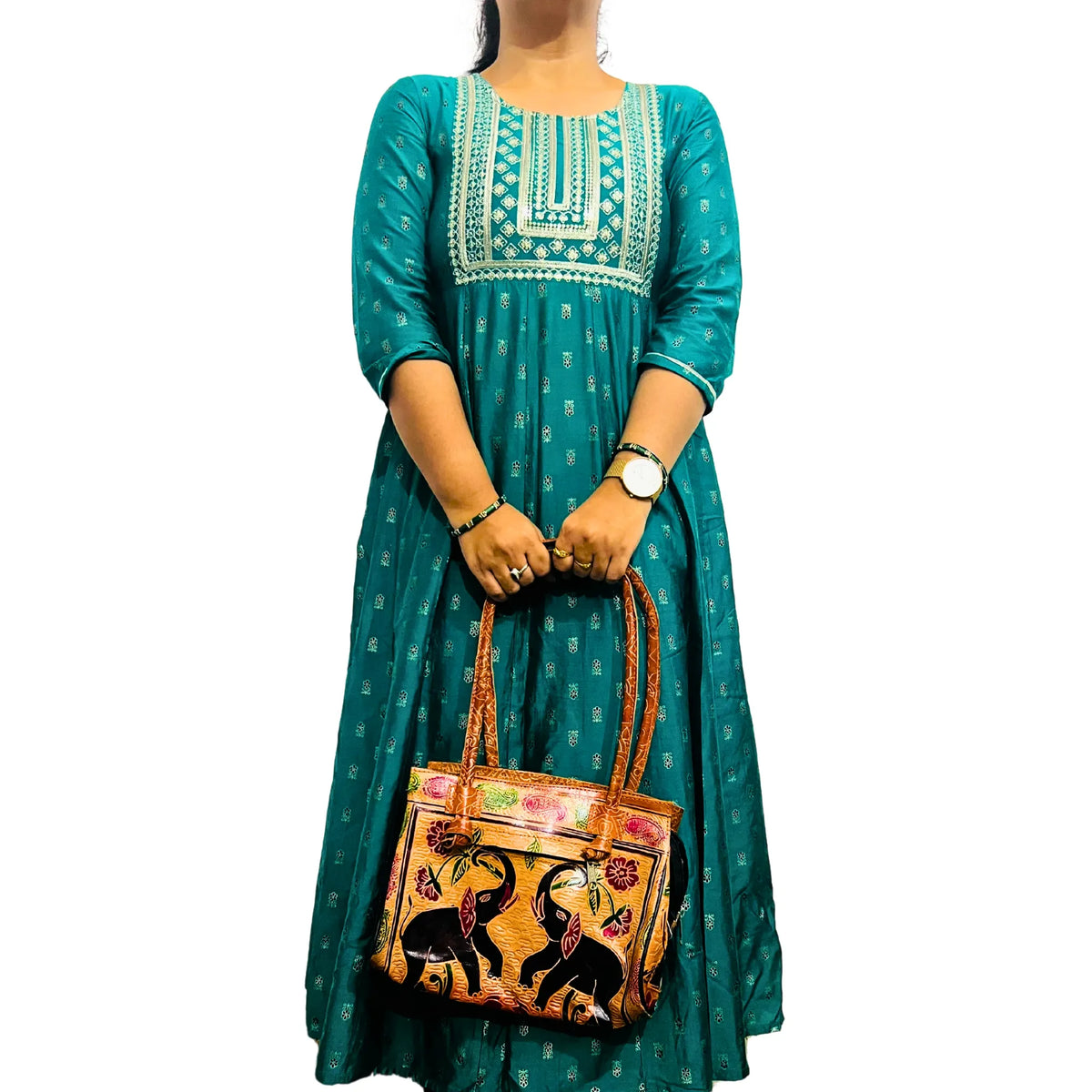 Leather Hand Bag | Village Design 3 - Beige & Brick Red (Fixed Strap)