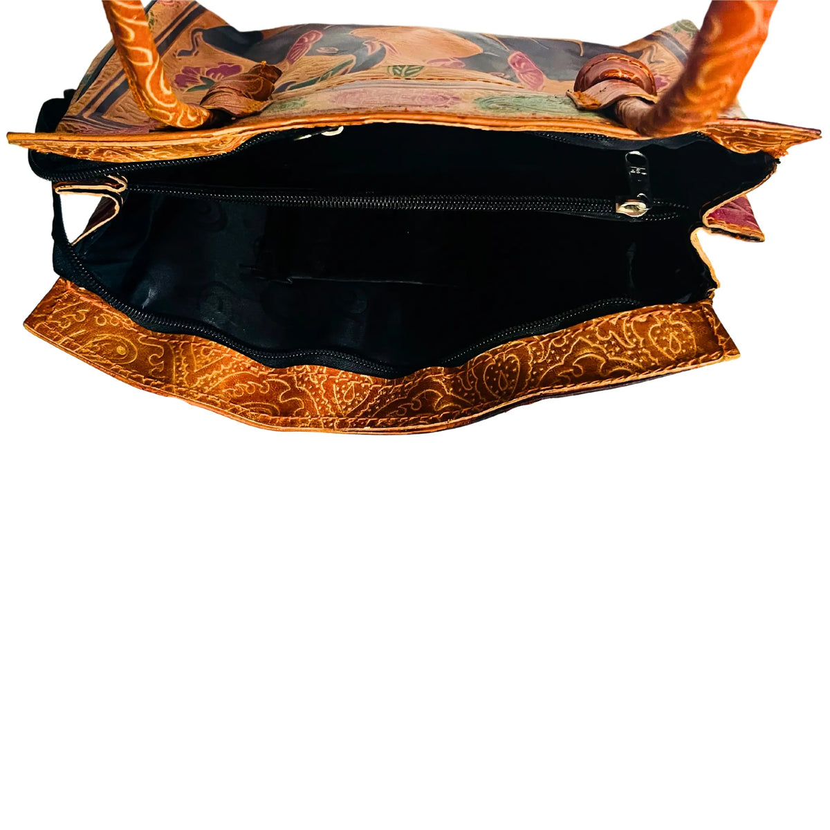 Leather Hand Bag | Village Design 3 - Beige & Brick Red (Fixed Strap)