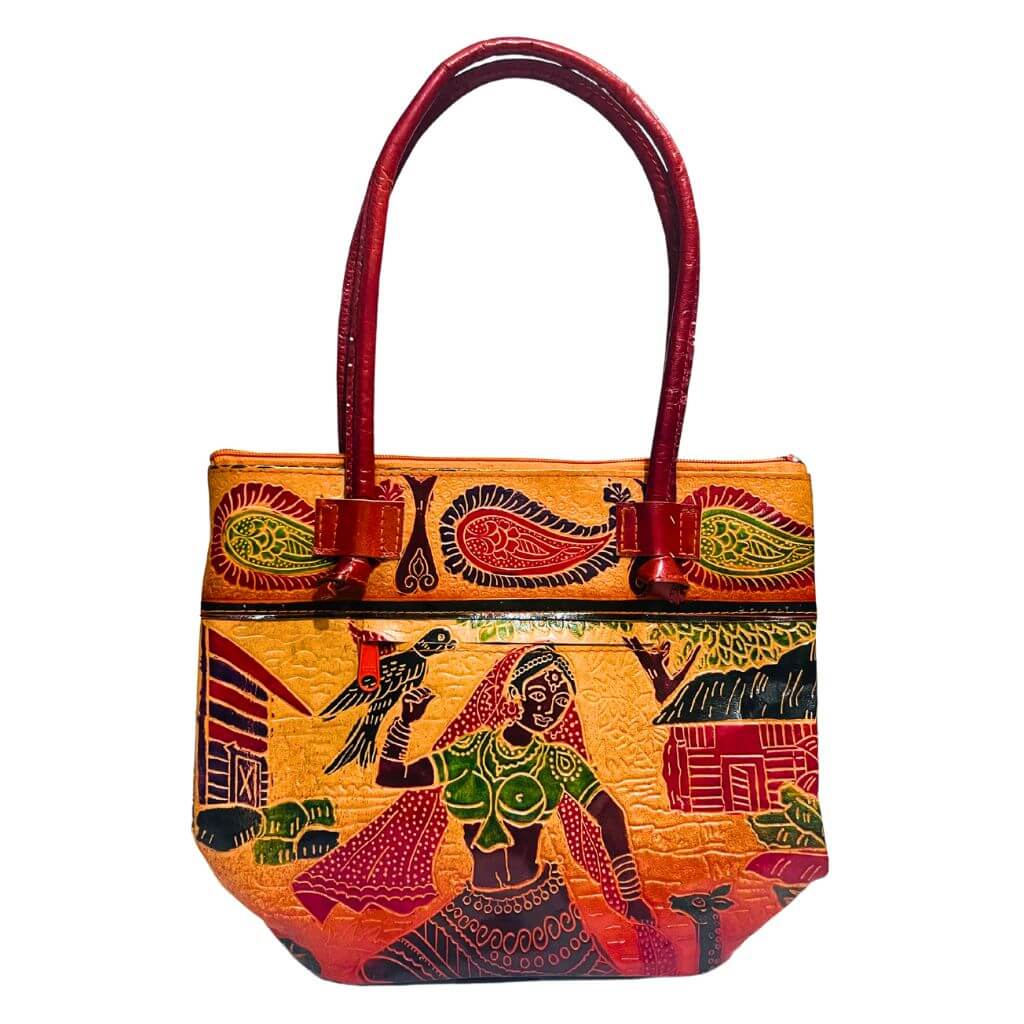 Leather Hand Bag | Village Design 2 (fixed strap) - Beige & Brick Red gradient - Taalapatra Vibes