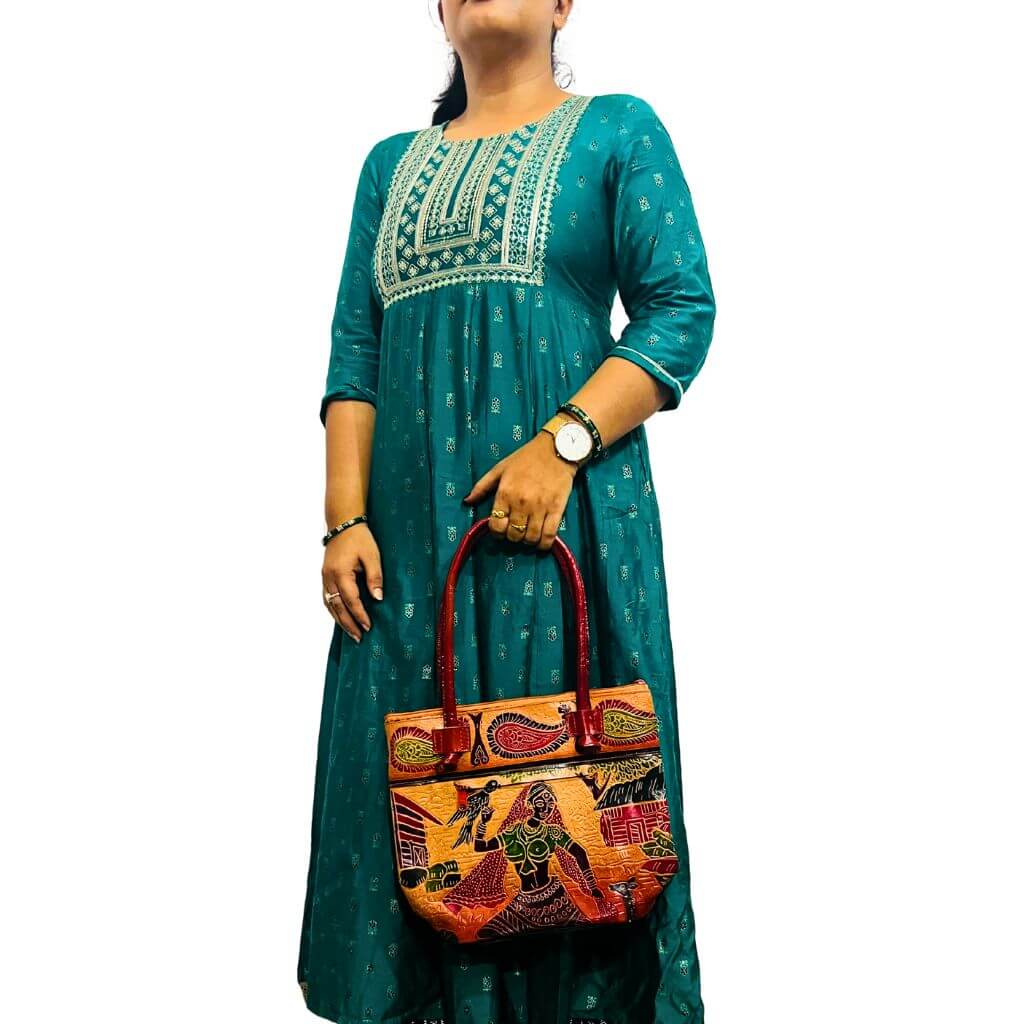 Leather Hand Bag | Village Design 2 (fixed strap) - Beige & Brick Red gradient - Taalapatra Vibes