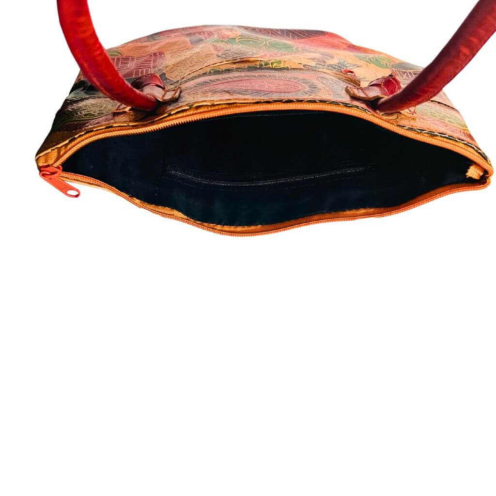 Leather Hand Bag | Village Design 2 (fixed strap) - Beige & Brick Red gradient - Taalapatra Vibes