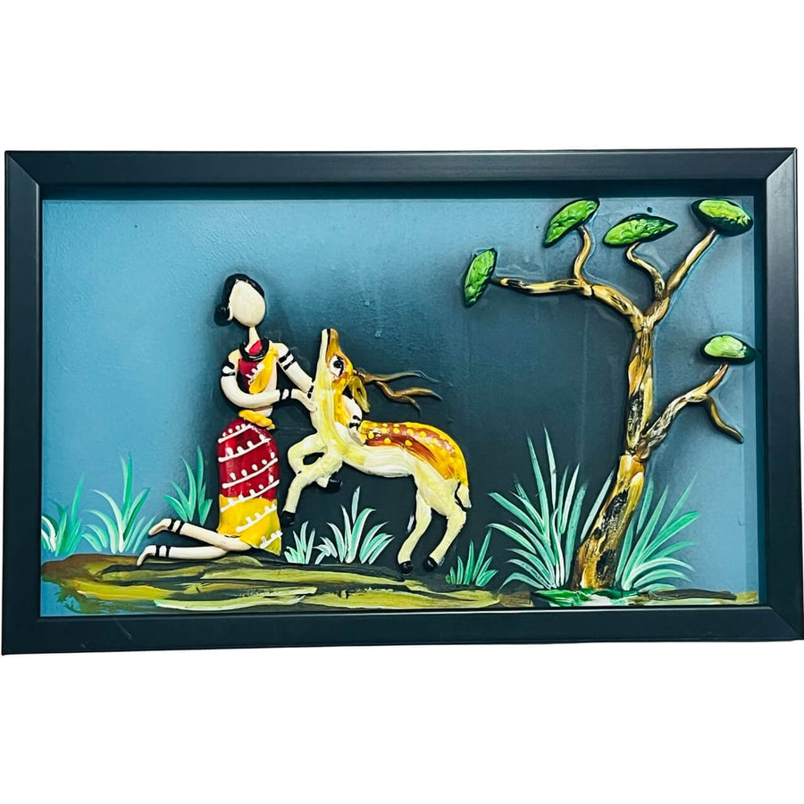 Lacquer Craft Wall Hanging | Woman with Deer - FRAMED - Taalapatra