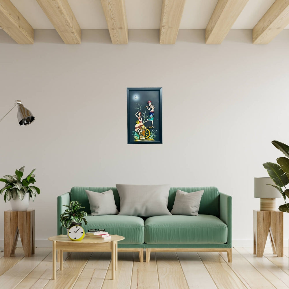 Lacquer Craft Wall Hanging | Couple Playing Music in Moonlight - FRAMED - Taalapatra