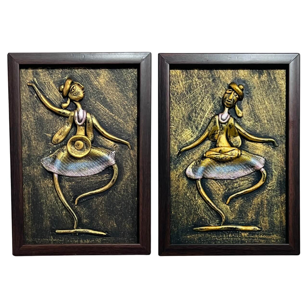Lacquer Craft Wall Hanging | Metallic Dancing Tribal - FRAMED (Set of 2) - Taalapatra