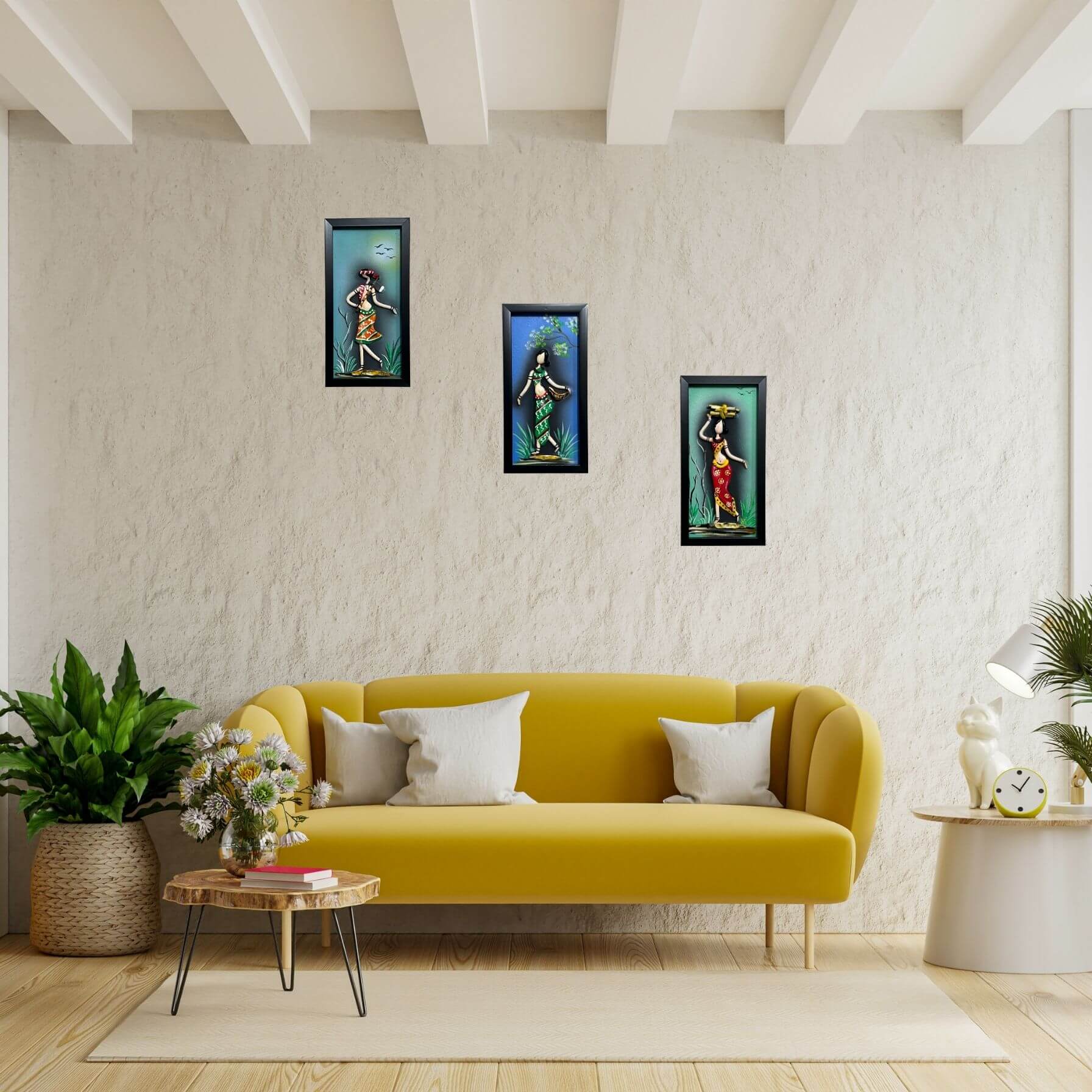 Lacquer Craft Wall Hanging | Tribal Folks - FRAMED (Set of 3) - Design A - Taalapatra Vibes