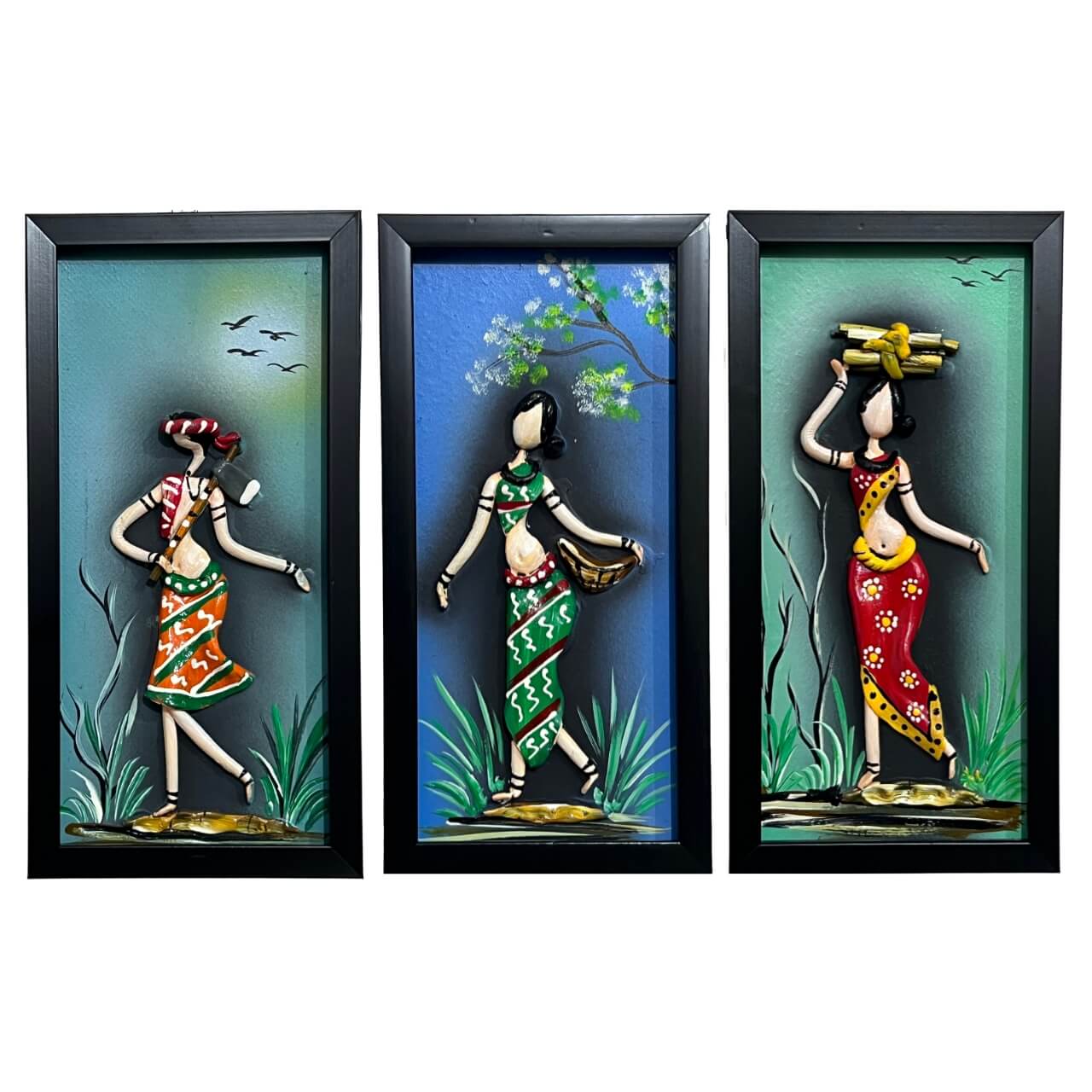 Lacquer Craft Wall Hanging | Tribal Folks - FRAMED (Set of 3) - Design A - Taalapatra Vibes