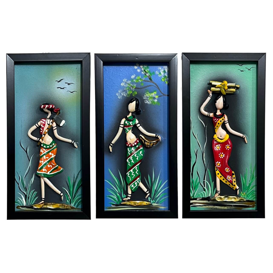 Lacquer Craft Wall Hanging | Tribal Folks - FRAMED (Set of 3) - Design A - Taalapatra