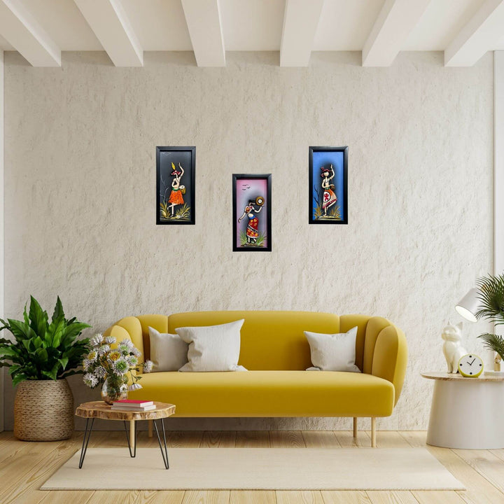Lacquer Craft Wall Hanging | Tribal Folks - FRAMED (Set of 3) - Design B - Taalapatra