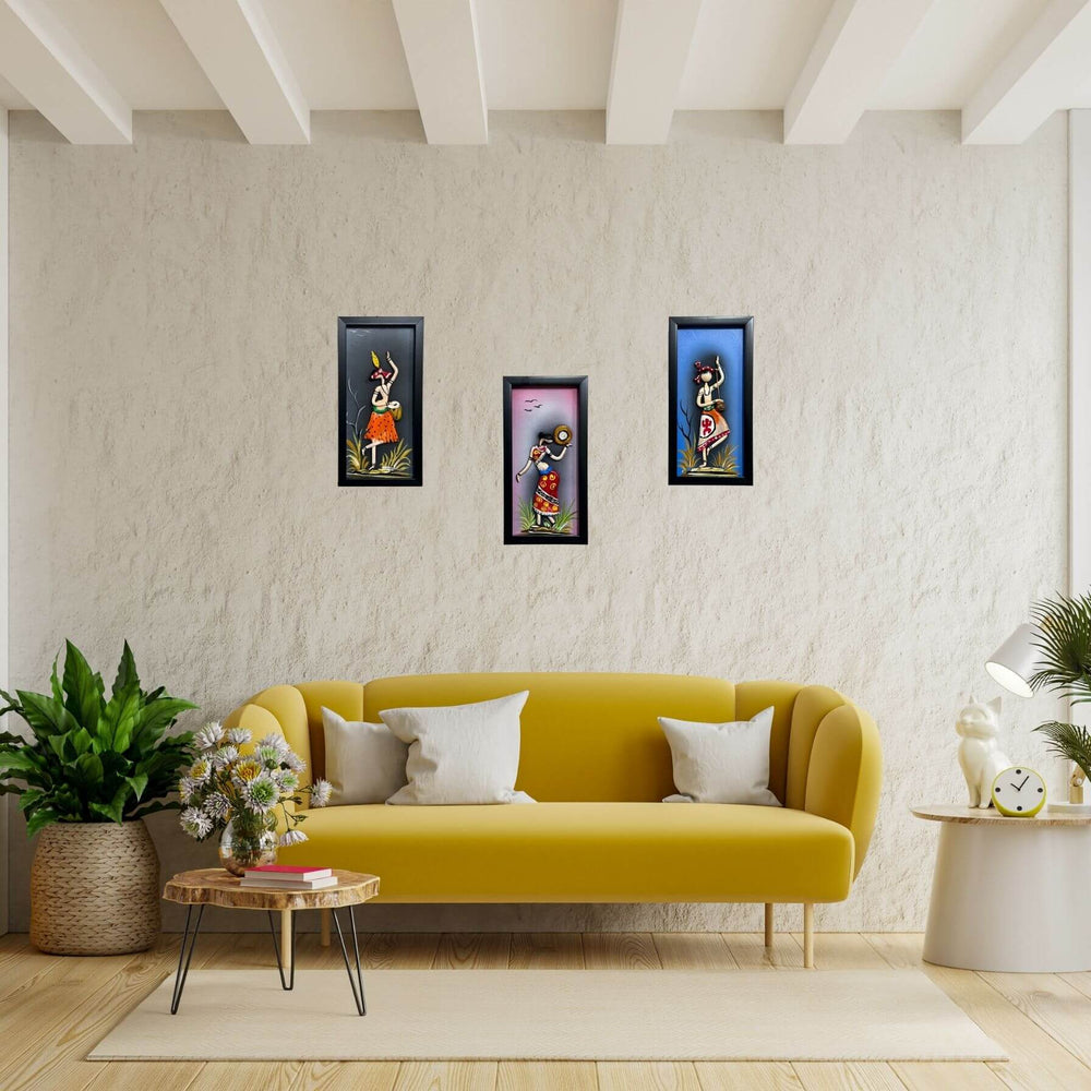 Lacquer Craft Wall Hanging | Tribal Folks - FRAMED (Set of 3) - Design B - Taalapatra