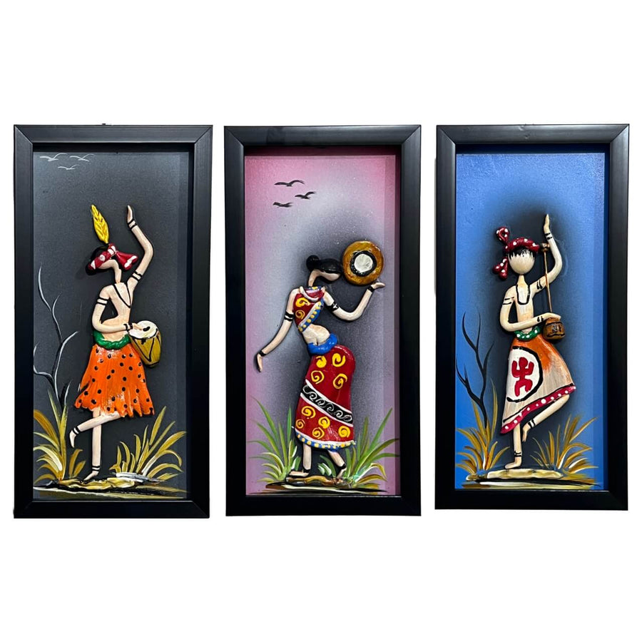 Lacquer Craft Wall Hanging | Tribal Folks - FRAMED (Set of 3) - Design B - Taalapatra