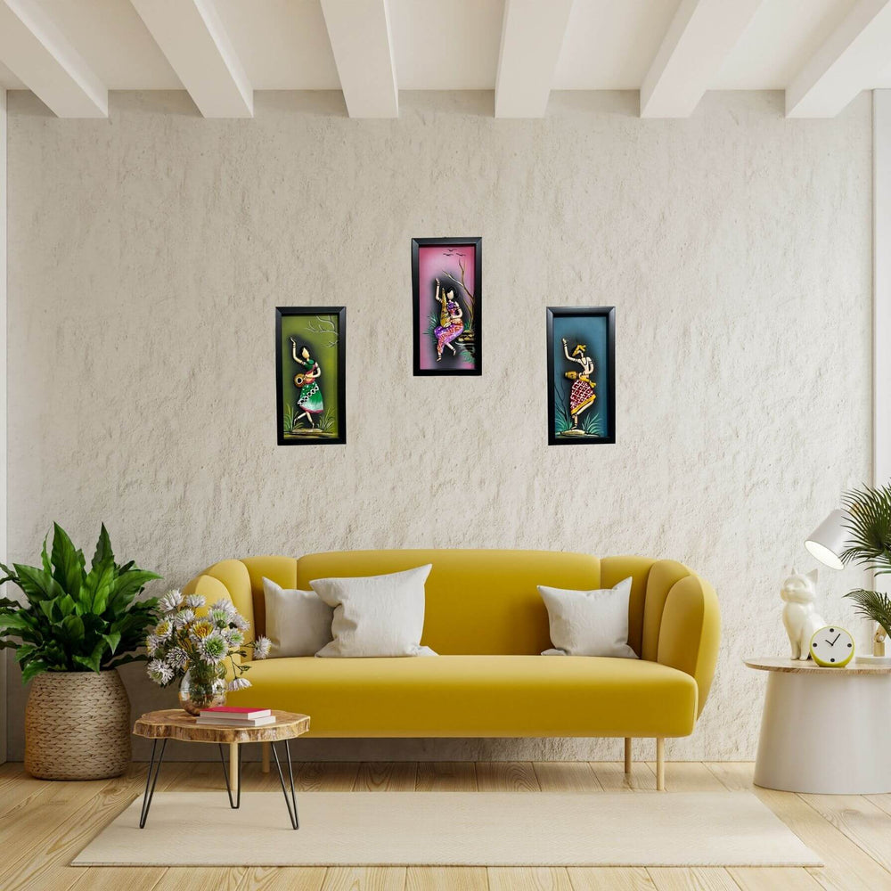 Lacquer Craft Wall Hanging | Tribal Folks - FRAMED (Set of 3) - Design C - Taalapatra