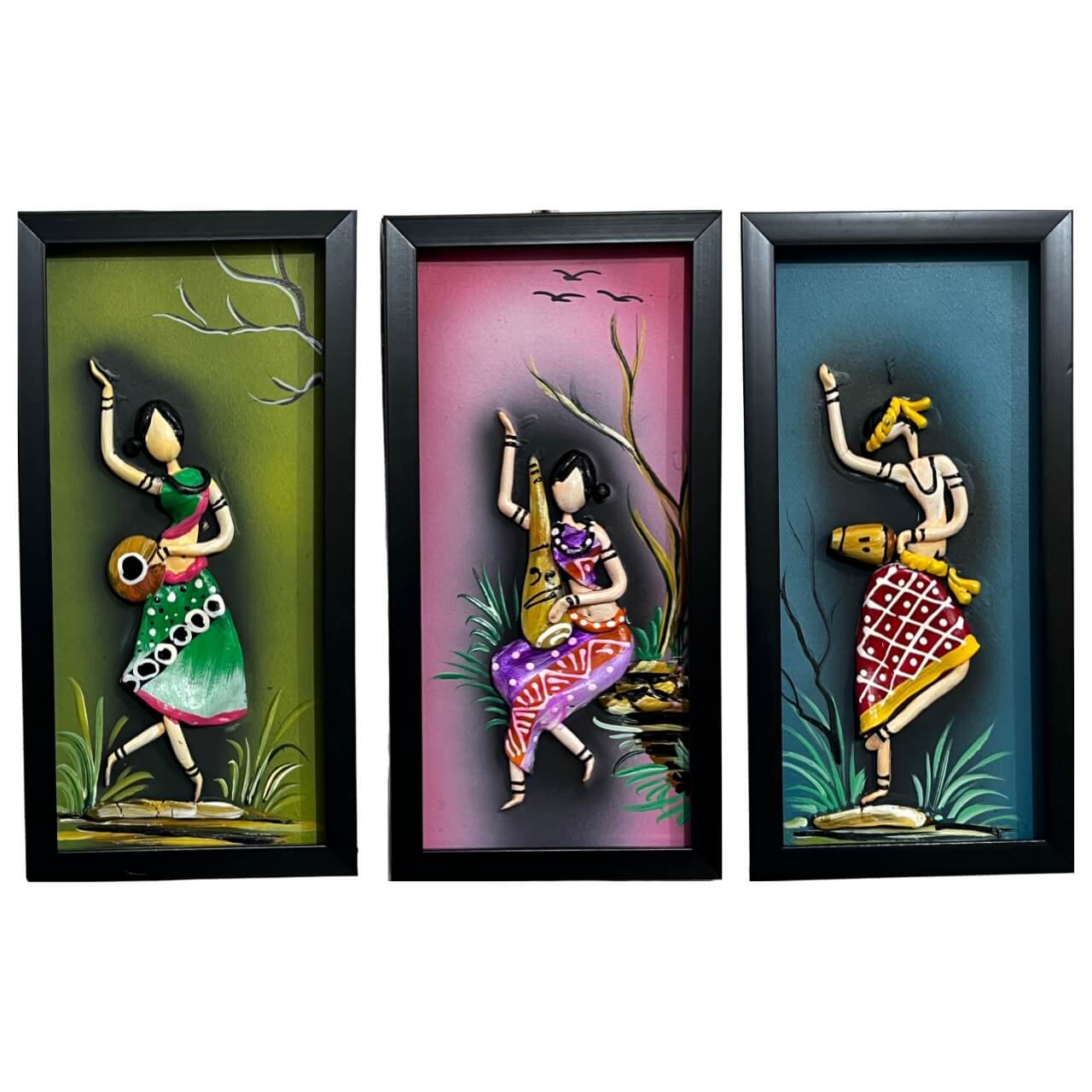 Lacquer Craft Wall Hanging | Tribal Folks - FRAMED (Set of 3) - Design C - Taalapatra Vibes