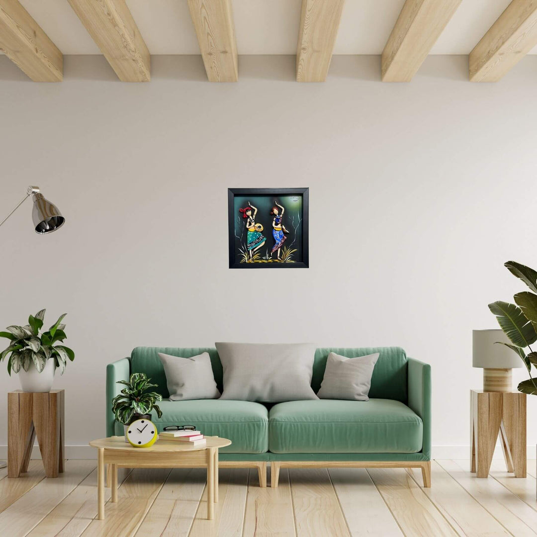 Lacquer Craft Wall Hanging | Dancing Tribal Couple - FRAMED - Taalapatra