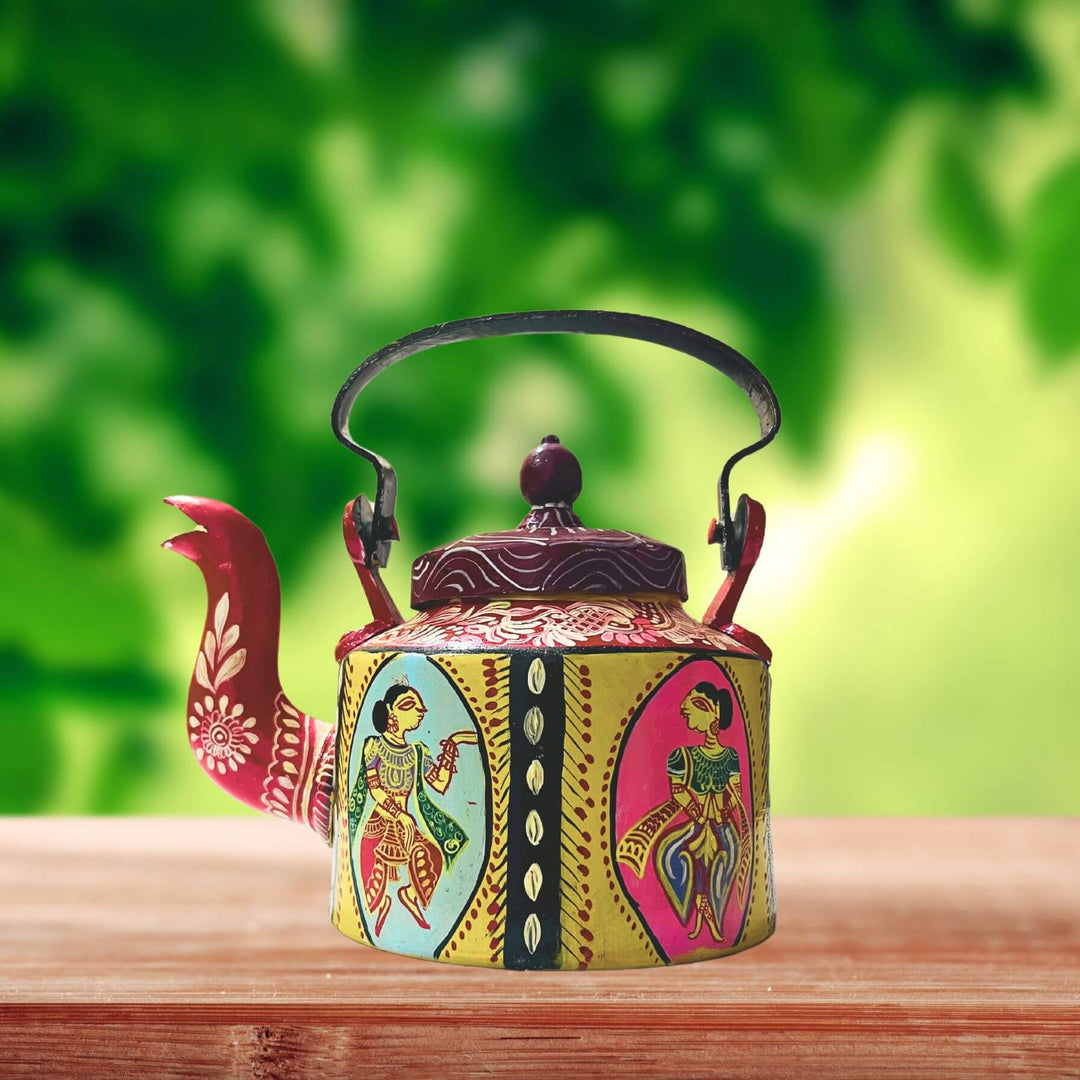 Hand Painted Pattachitra Art | Aluminium Kettle (Dancers & Red Top) - Taalapatra