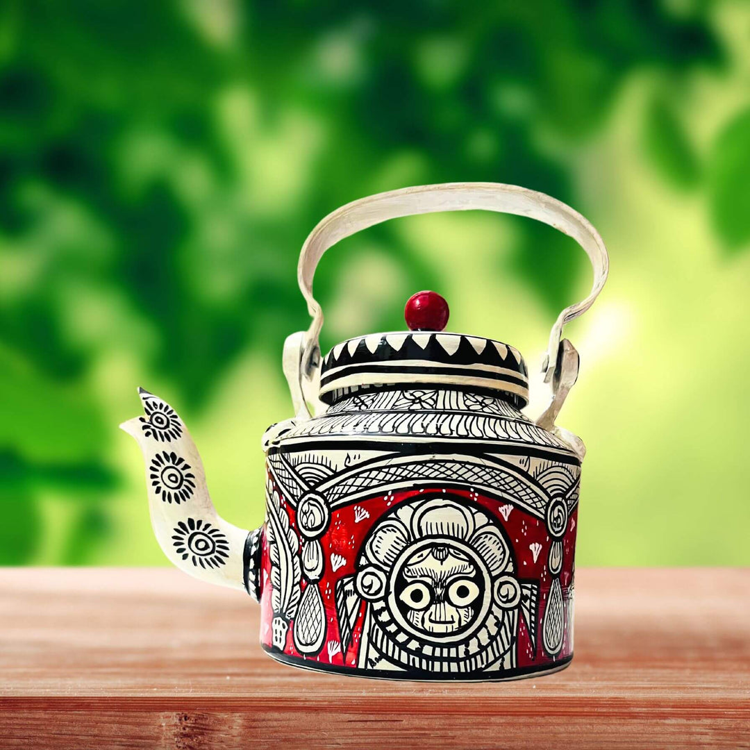 Hand Painted Pattachitra Art | Aluminium Kettle (Sri Jagannath, Deep Red BG) - Taalapatra
