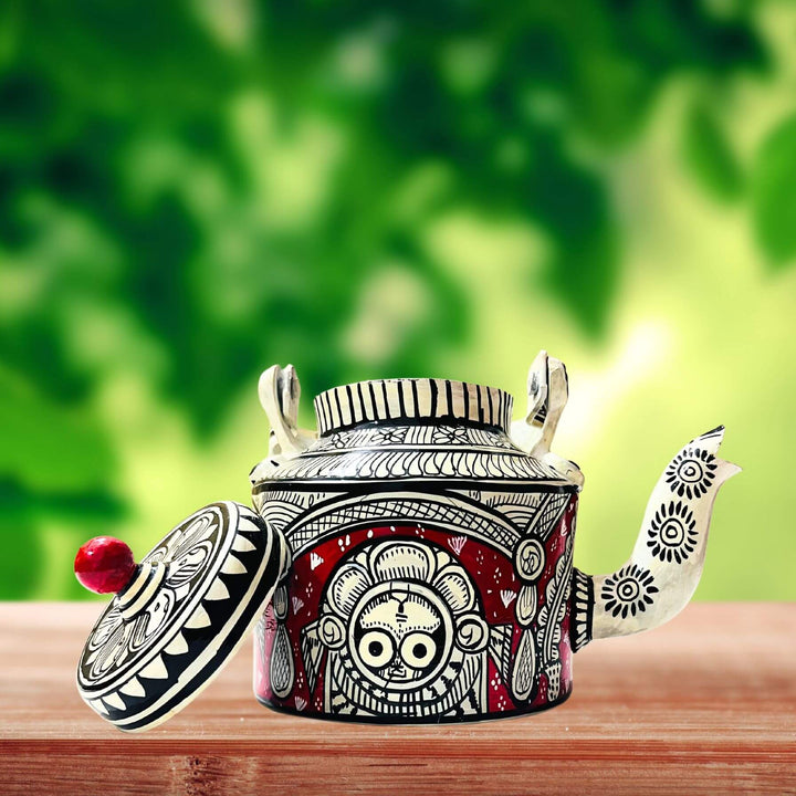 Hand Painted Pattachitra Art | Aluminium Kettle (Sri Jagannath, Deep Red BG) - Taalapatra