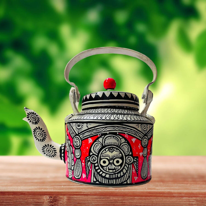 Hand Painted Pattachitra Art | Aluminium Kettle (Sri Jagannath, Red BG) - Taalapatra