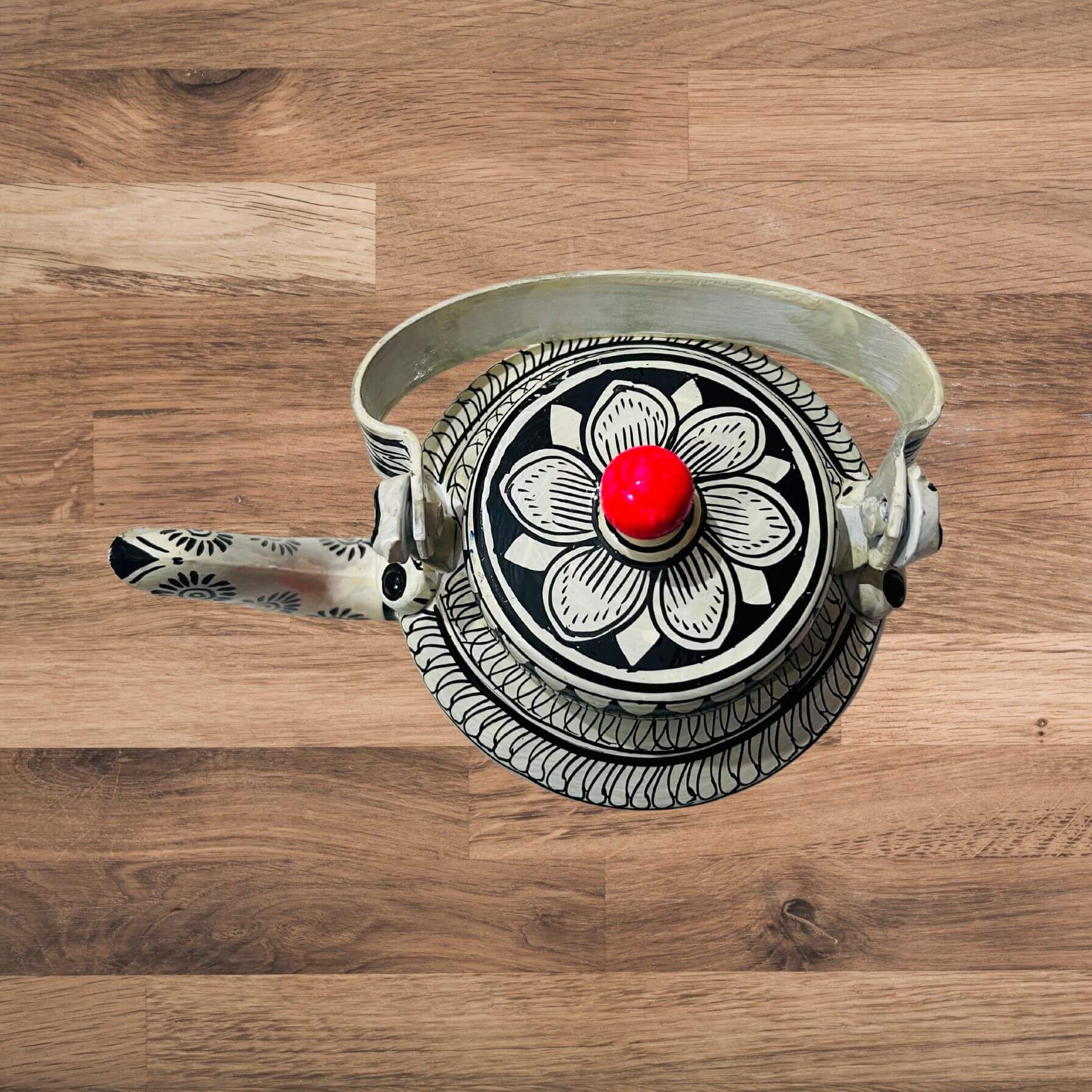 Hand Painted Pattachitra Art | Aluminium Kettle (Sri Jagannath, Red BG) - Taalapatra Vibes