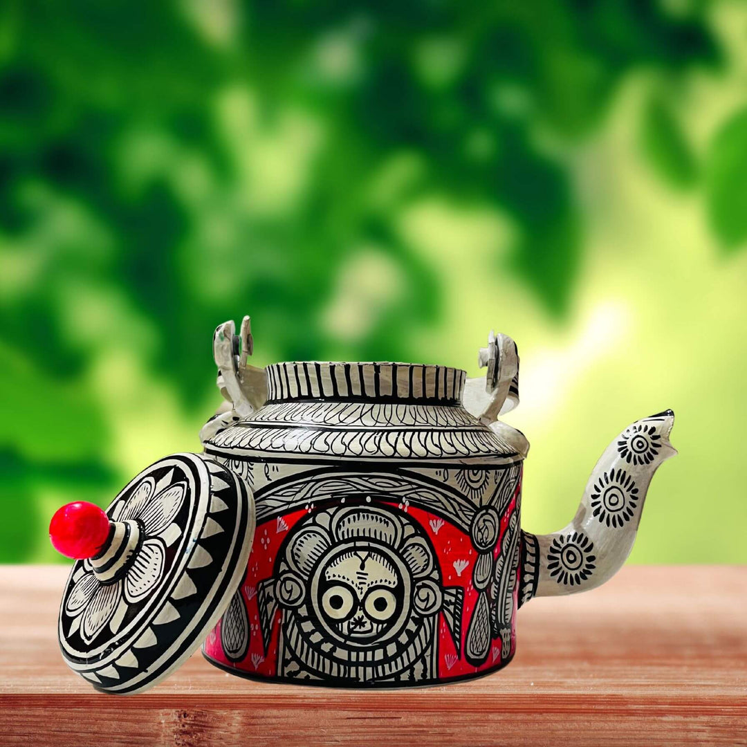 Hand Painted Pattachitra Art | Aluminium Kettle (Sri Jagannath, Red BG) - Taalapatra