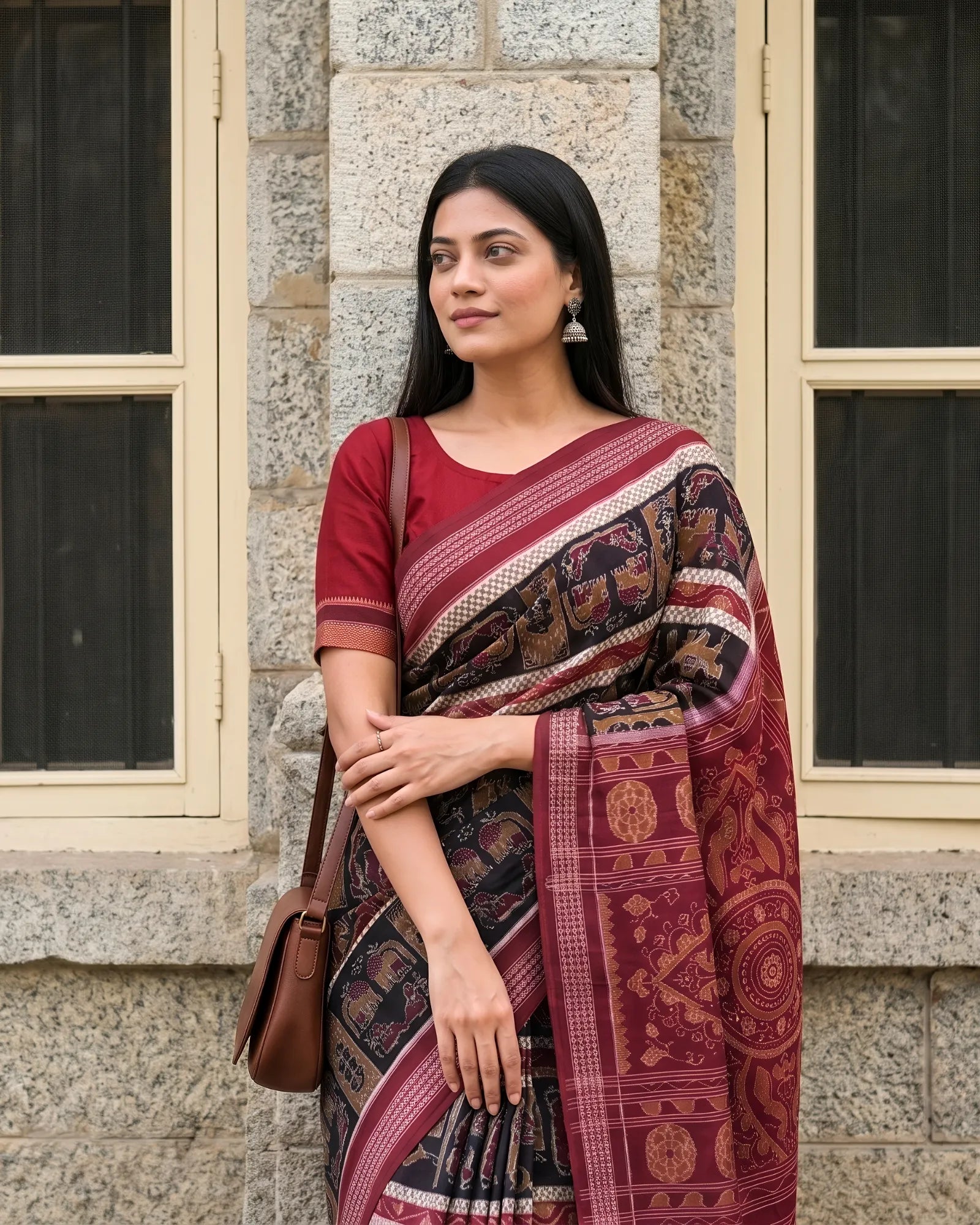 Handwoven Pure Cotton | Sambalpuri Saree - Dark Chocolate Colour
