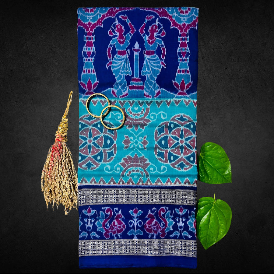 Handwoven Pure Cotton | Sambalpuri Saree - Peacock Green Colour - Taalapatra