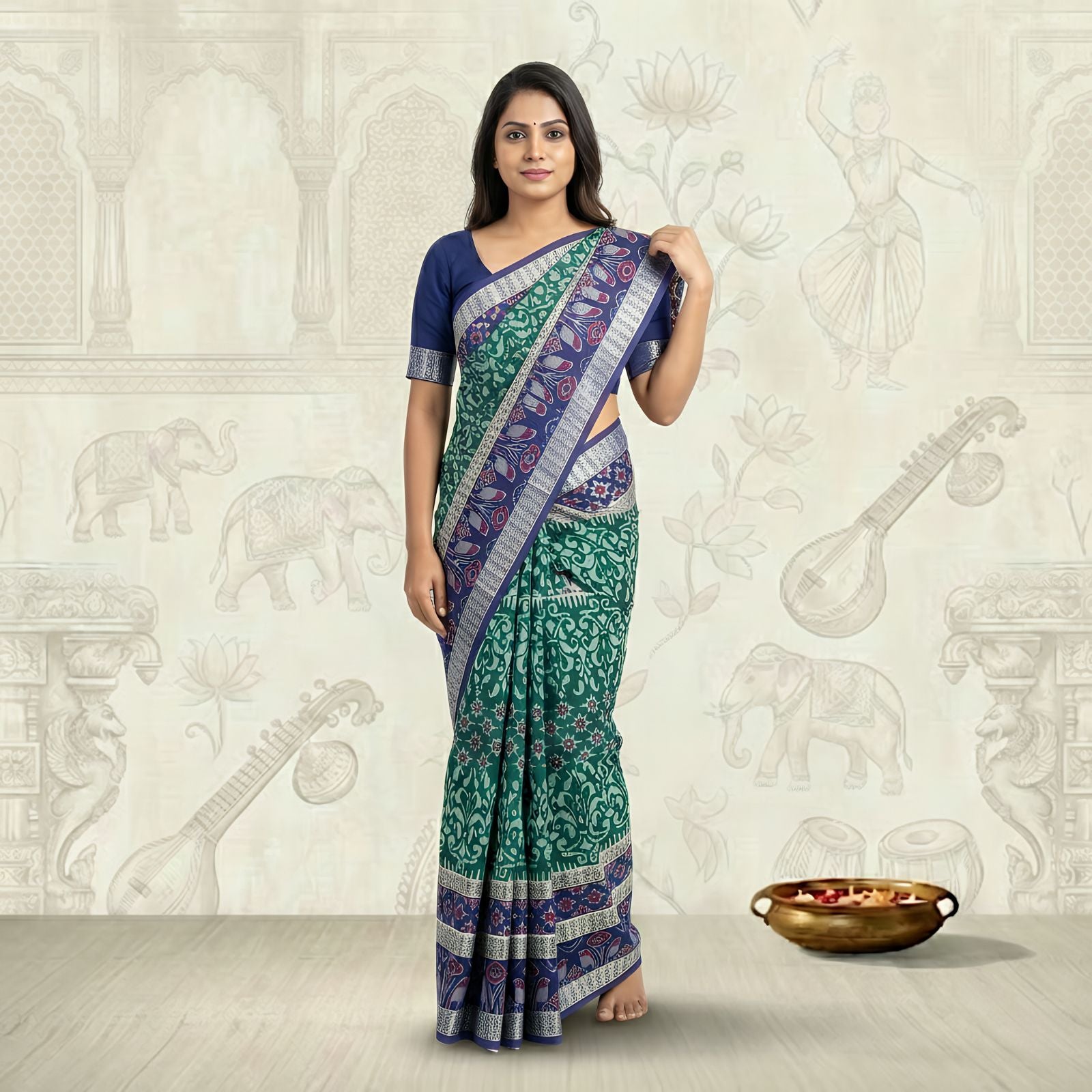 Taalapatra - Handwoven Pure Cotton | Sambalpuri Saree - Peacock Green Colour 