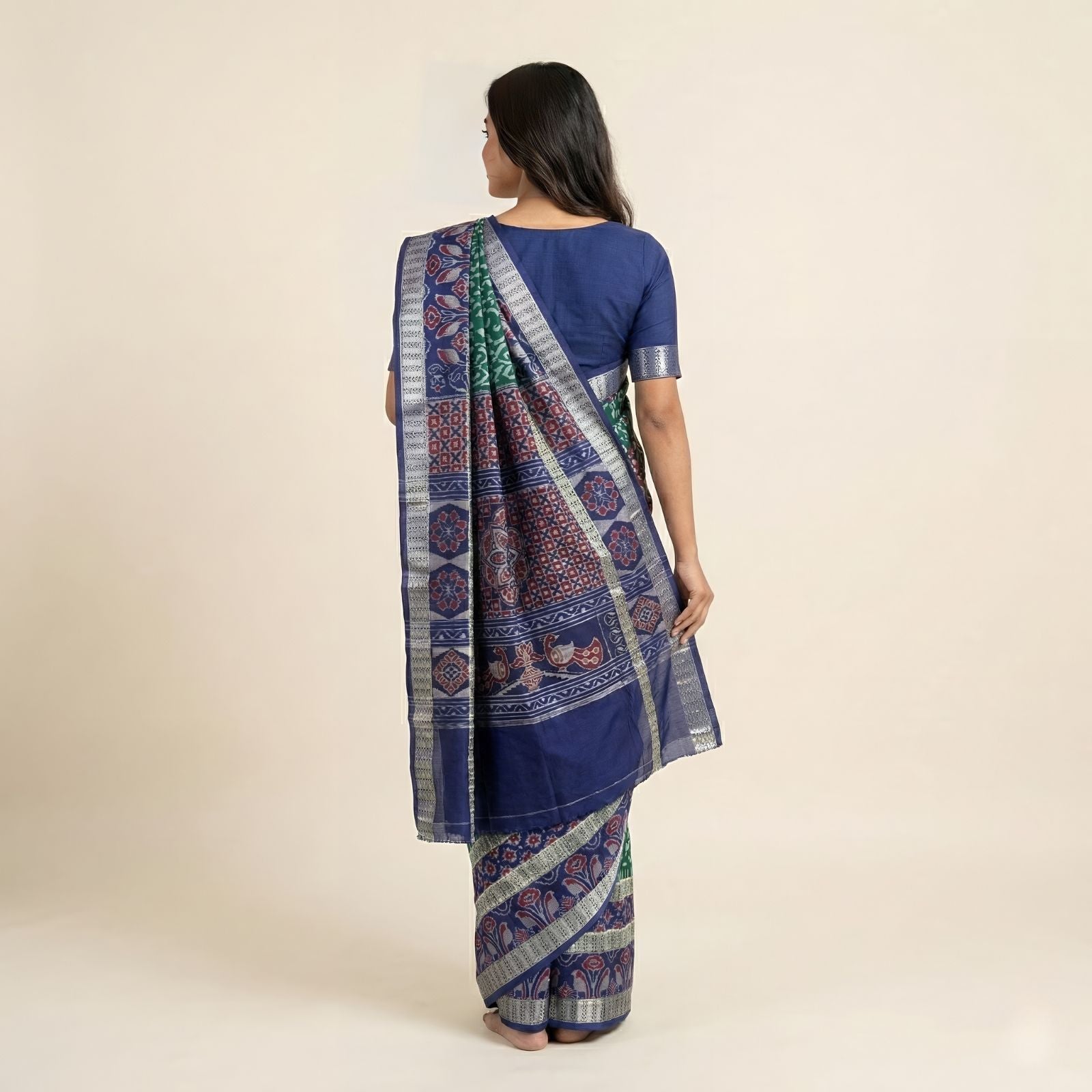 Taalapatra - Handwoven Pure Cotton | Sambalpuri Saree - Peacock Green Colour 