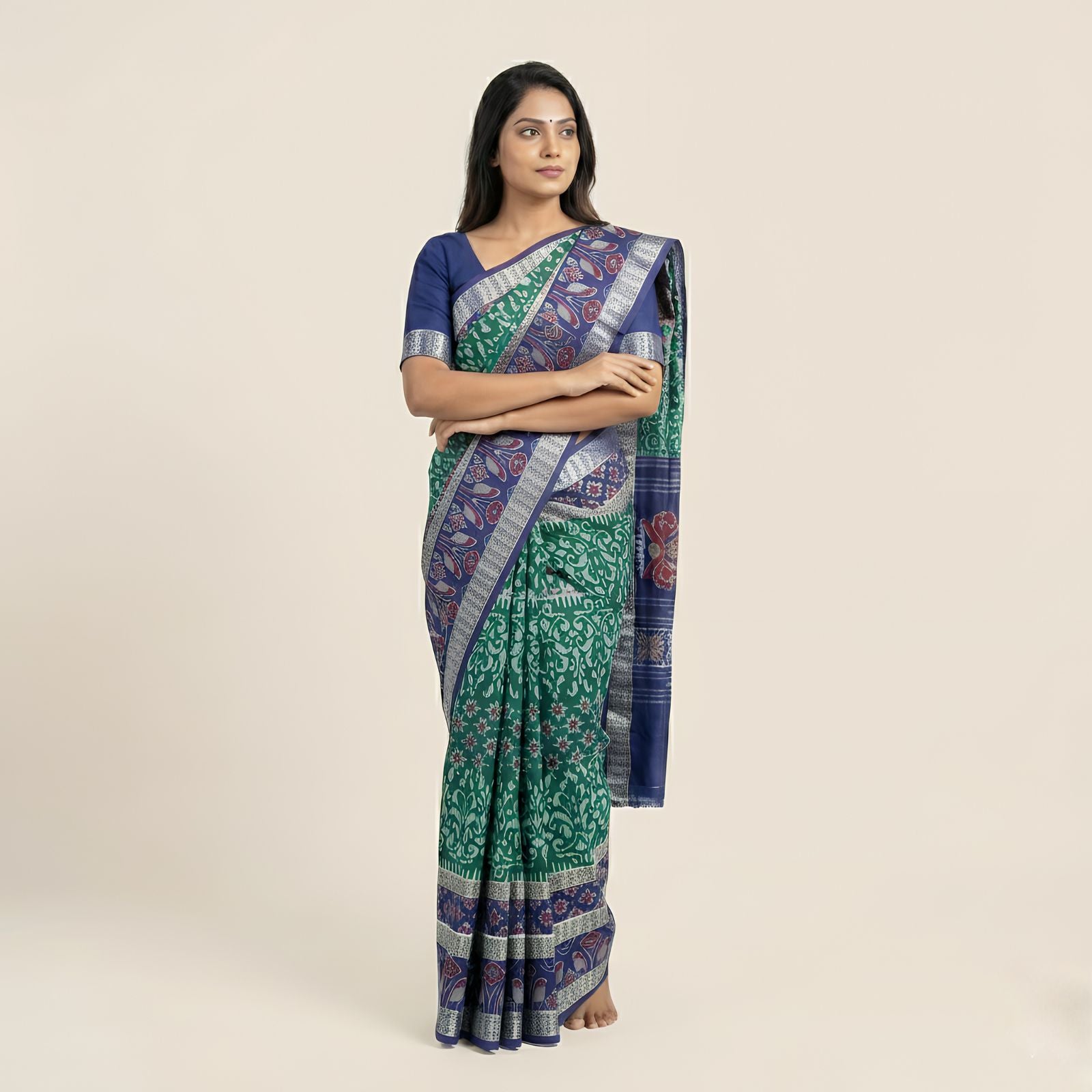 Taalapatra - Handwoven Pure Cotton | Sambalpuri Saree - Peacock Green Colour 