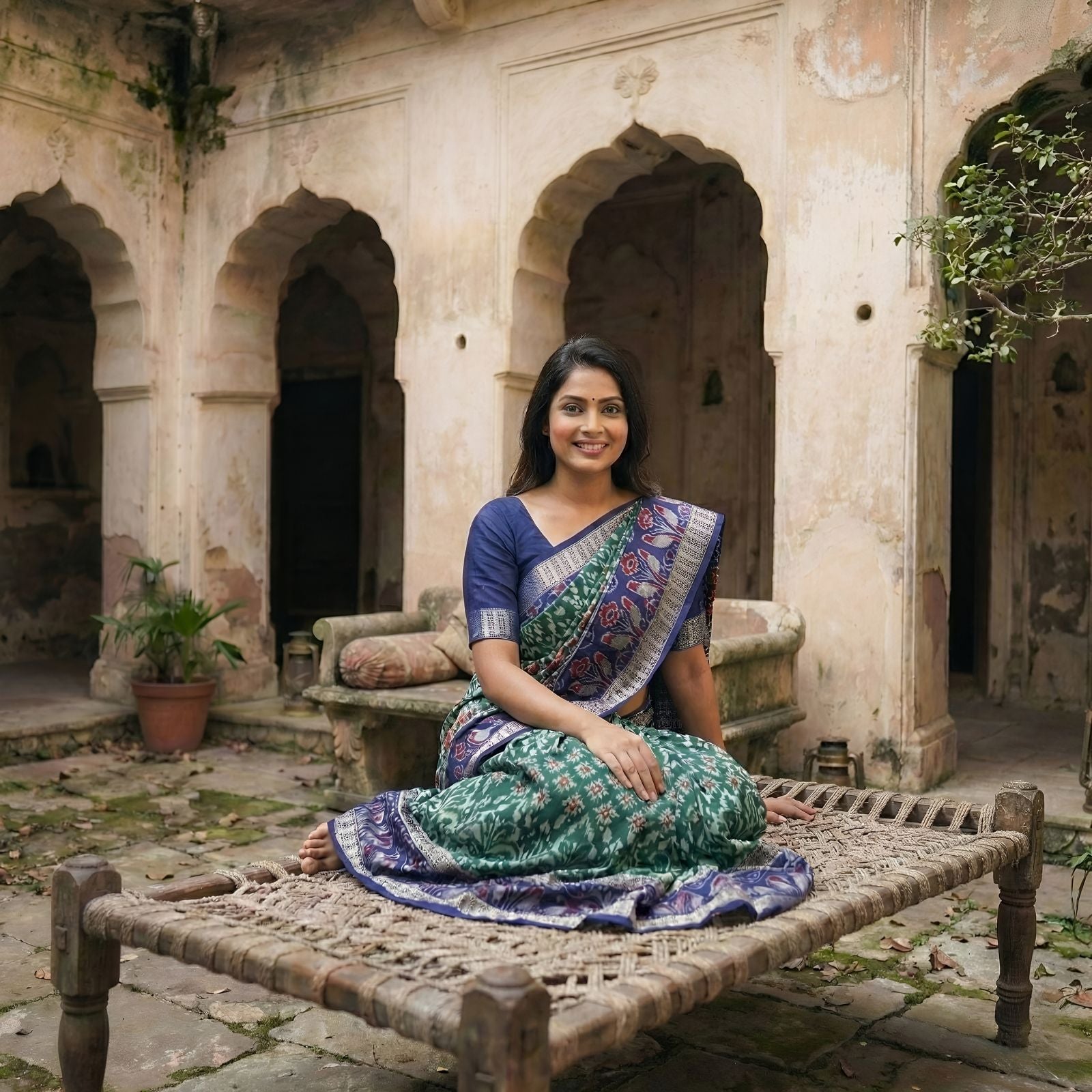 Taalapatra - Handwoven Pure Cotton | Sambalpuri Saree - Peacock Green Colour 