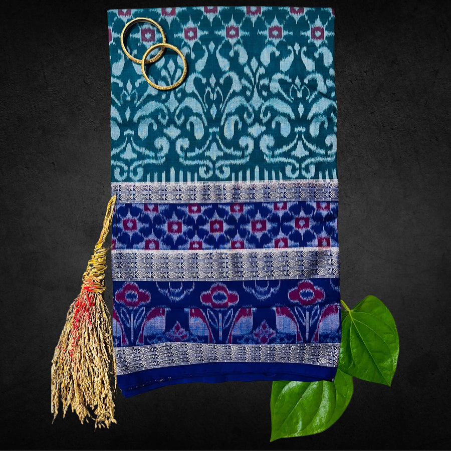 Handwoven Pure Cotton | Sambalpuri Saree - Peacock Green Colour - Taalapatra