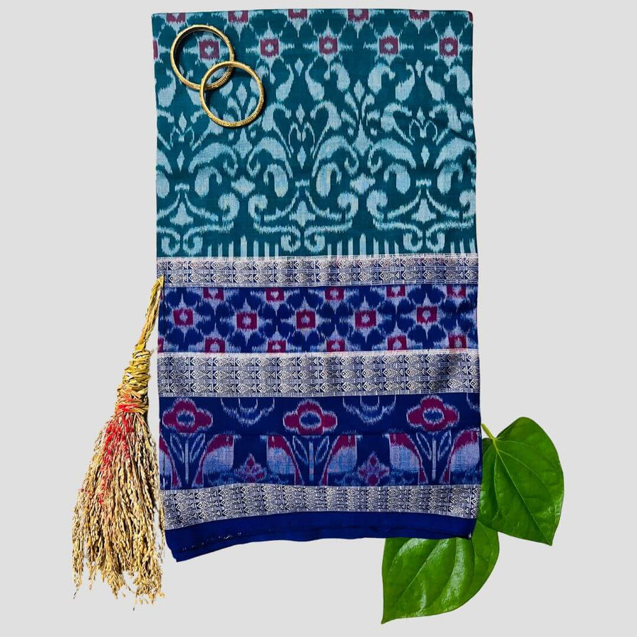 Handwoven Pure Cotton | Sambalpuri Saree - Peacock Green Colour - Taalapatra