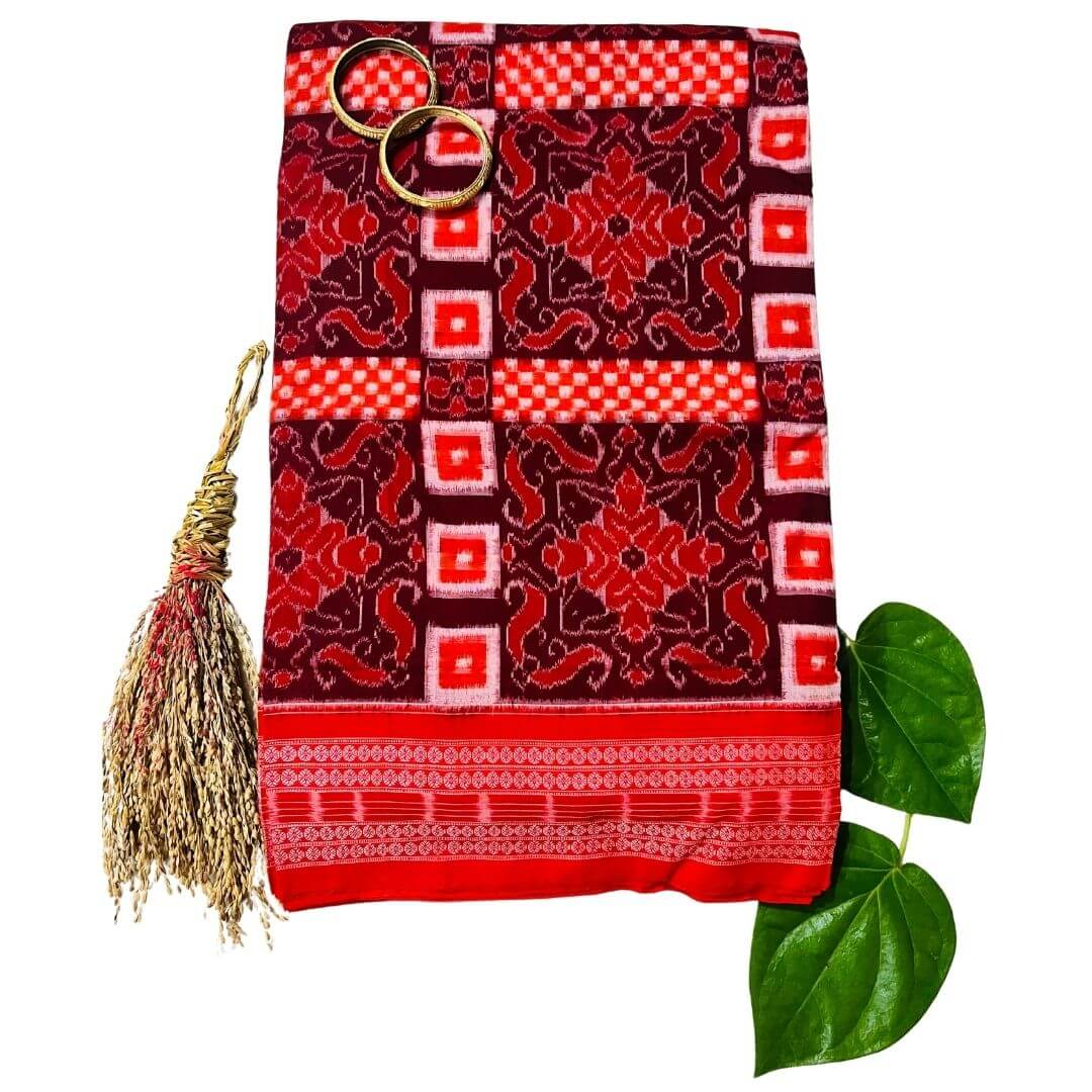 Handwoven Pure Cotton | Sambalpuri Saree - Maroon Orange Mix Colour - Taalapatra Vibes