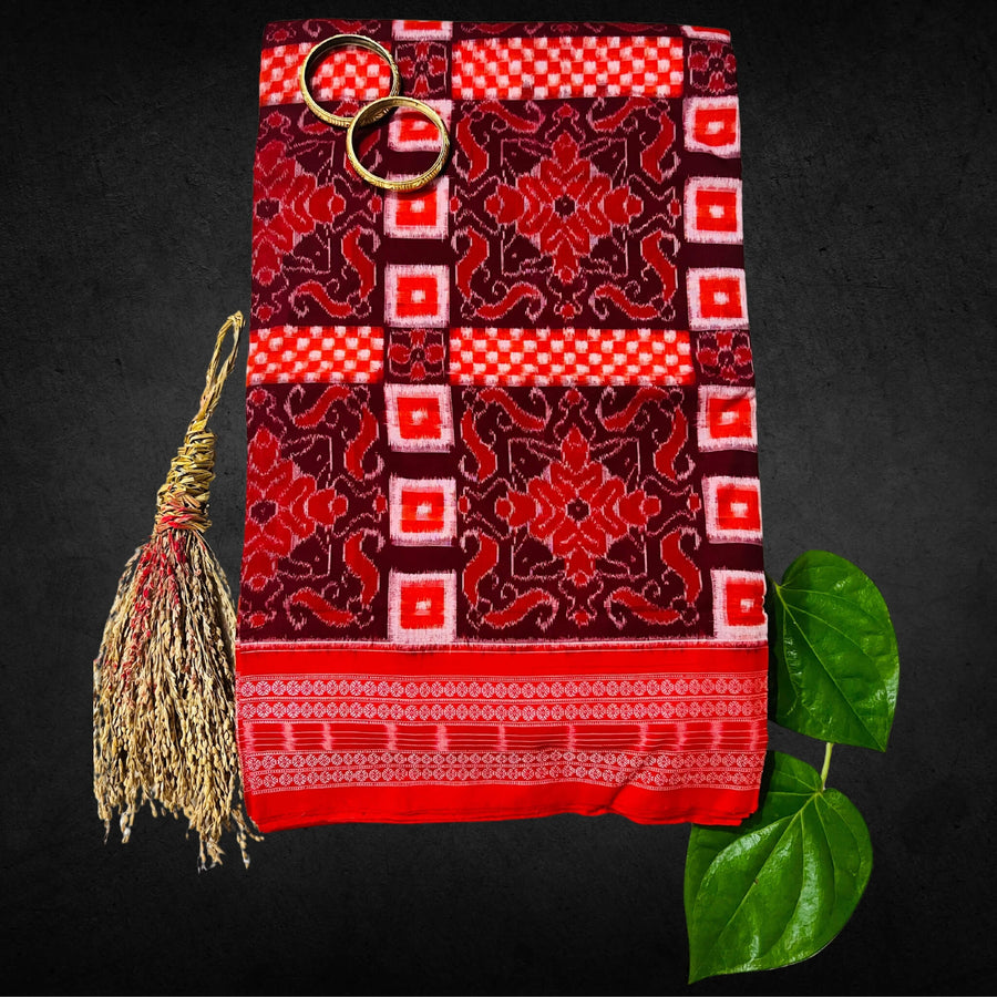 Handwoven Pure Cotton | Sambalpuri Saree - Maroon Orange Mix Colour - Taalapatra