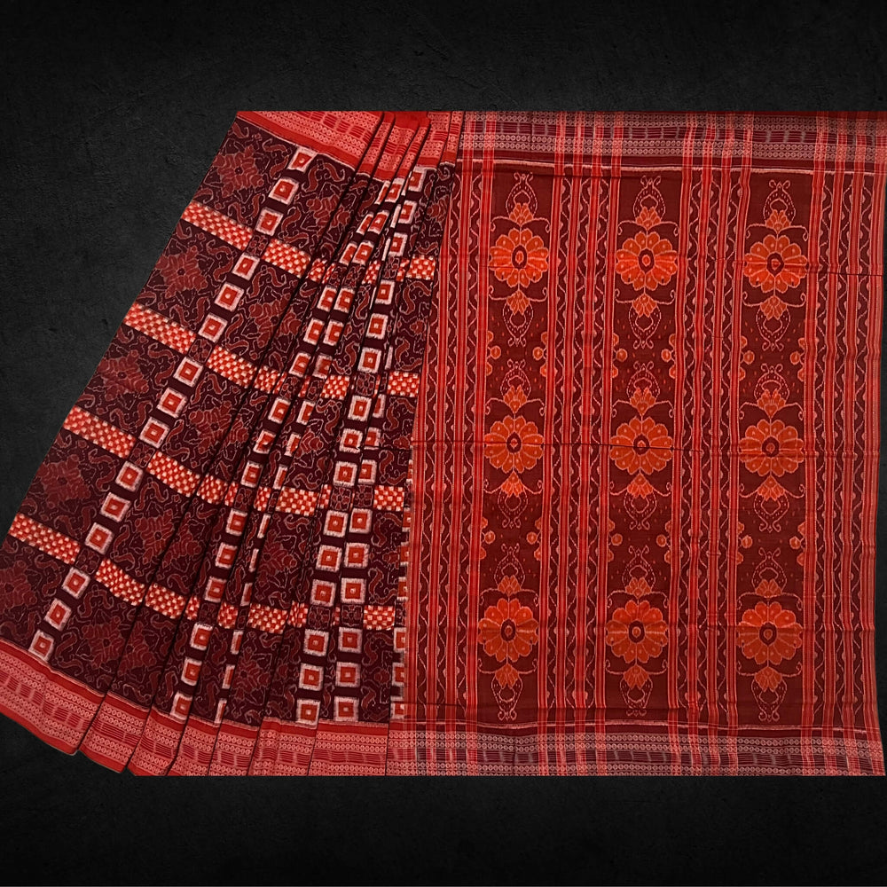 Handwoven Pure Cotton | Sambalpuri Saree - Maroon Orange Mix Colour - Taalapatra