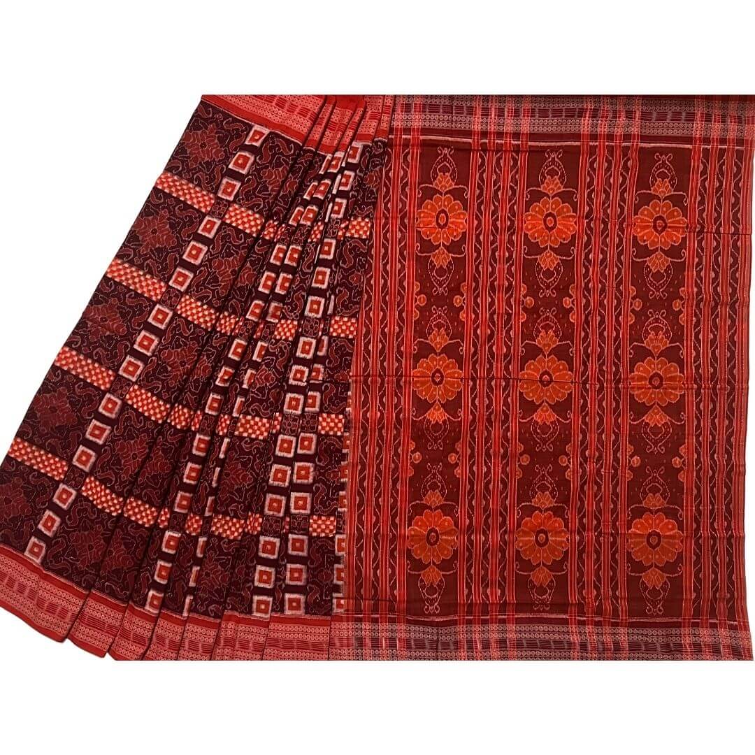 Handwoven Pure Cotton | Sambalpuri Saree - Maroon Orange Mix Colour - Taalapatra Vibes