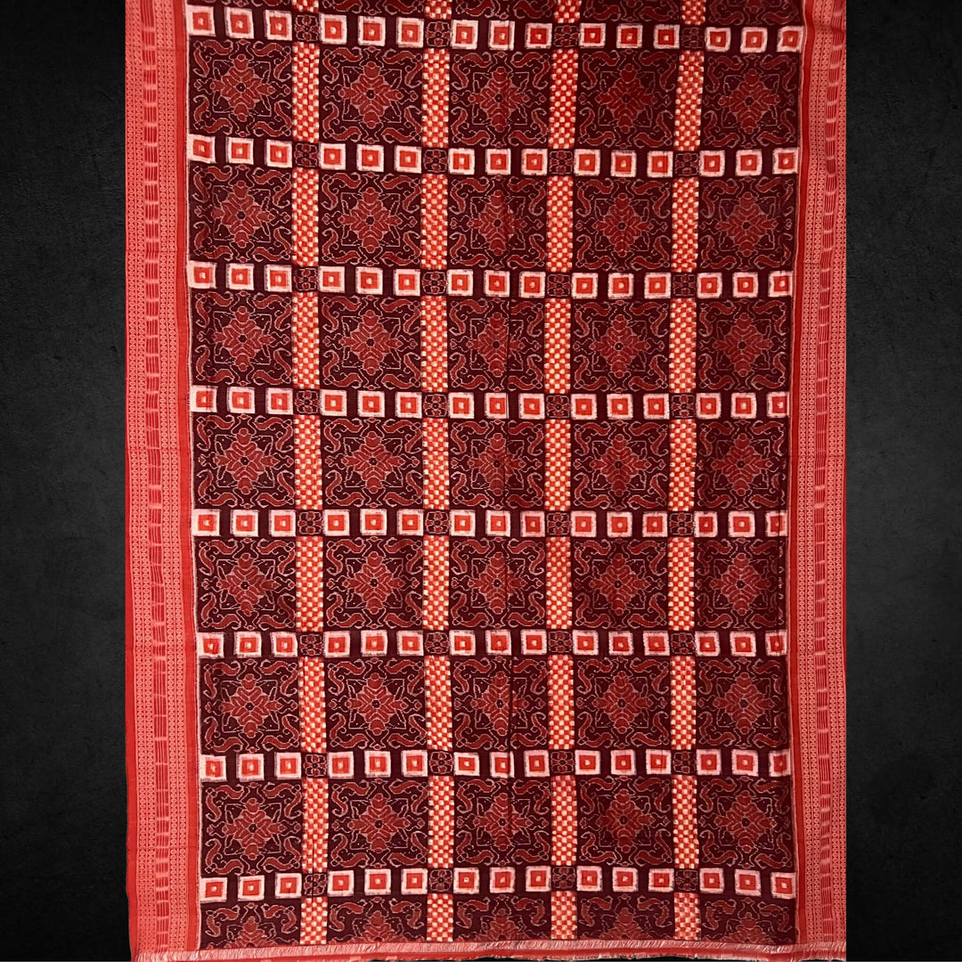 Handwoven Pure Cotton | Sambalpuri Saree - Maroon Orange Mix Colour - Taalapatra